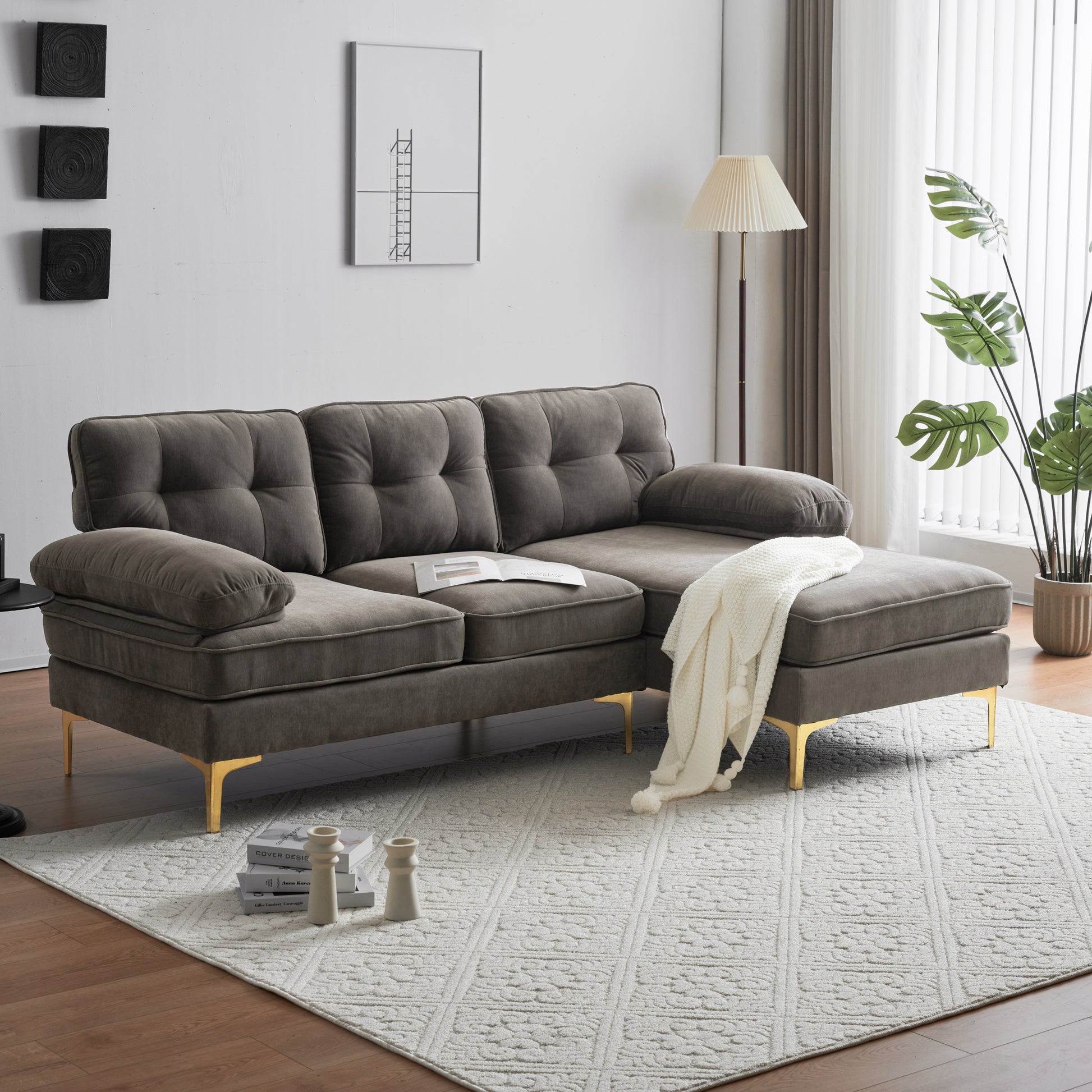 83" Modern Sectional Sofas Couches Velvet L Shaped Couches For Living Room, Bedroom, Brown Brown Foam Velvet