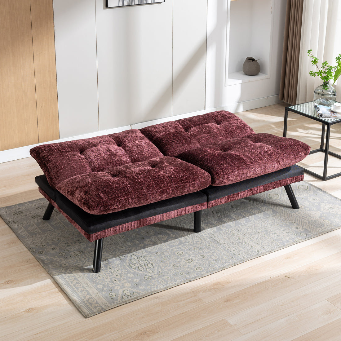 Convertible Sofa Bed Loveseat Futon Bedadjustable Lounge Couch With Metal Legs,Futon Sets For Compact Living Space Chenille Wine Red Wine Red Upholstered