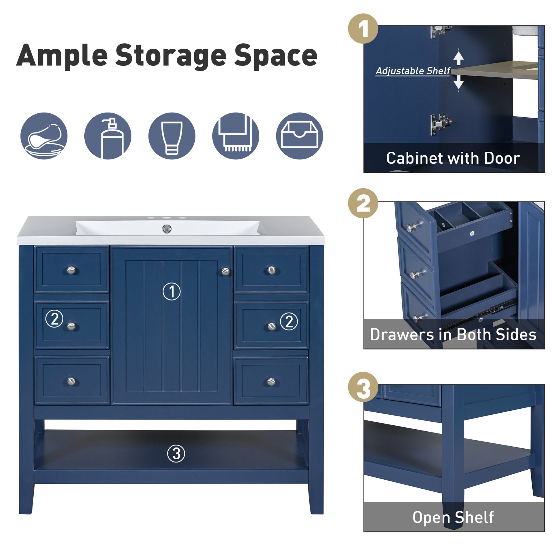 36" Bathroom Vanity With Sink Combo, One Cabinet And Three Drawers, Solid Wood And Mdf Board, Blue Blue Solid Wood Mdf