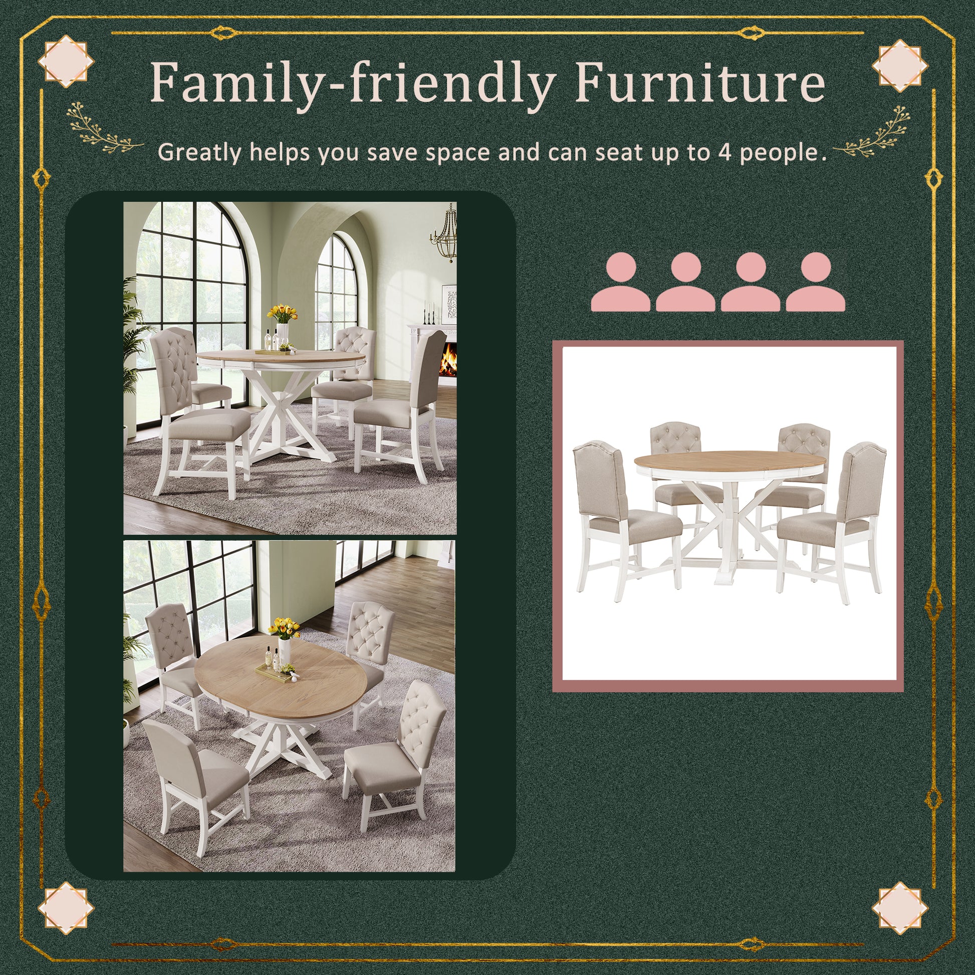 Functional Furniture Retro Style Dining Table Set With Extendable Table And 4 Upholstered Chairs For Dining Room And Living Room Oak Natural Wood Off White Oak Natural Wood Off White Solid Wood
