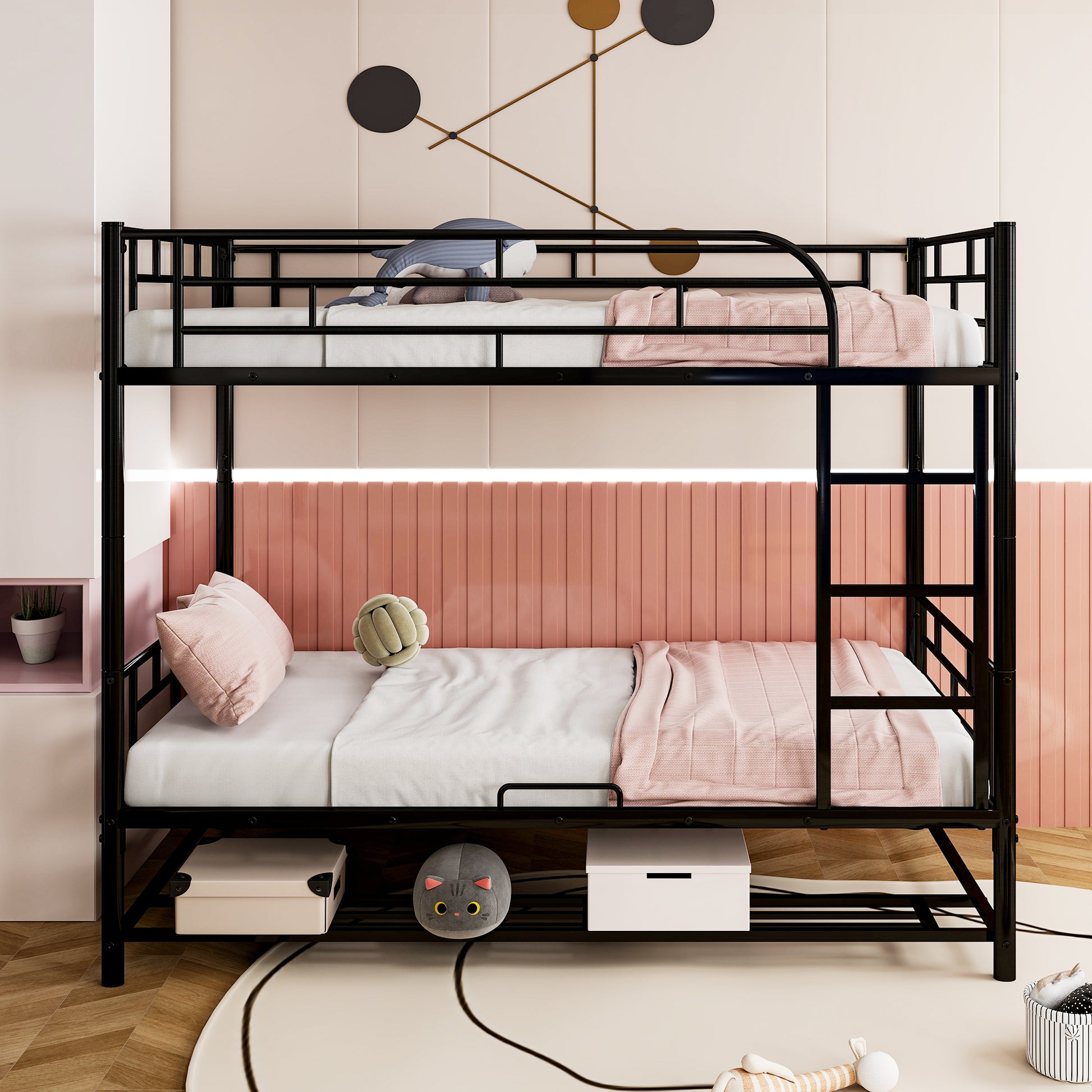 Twin Over Twin Metal Bunk Bed With Shelf And Guardrails, Black Black Steel