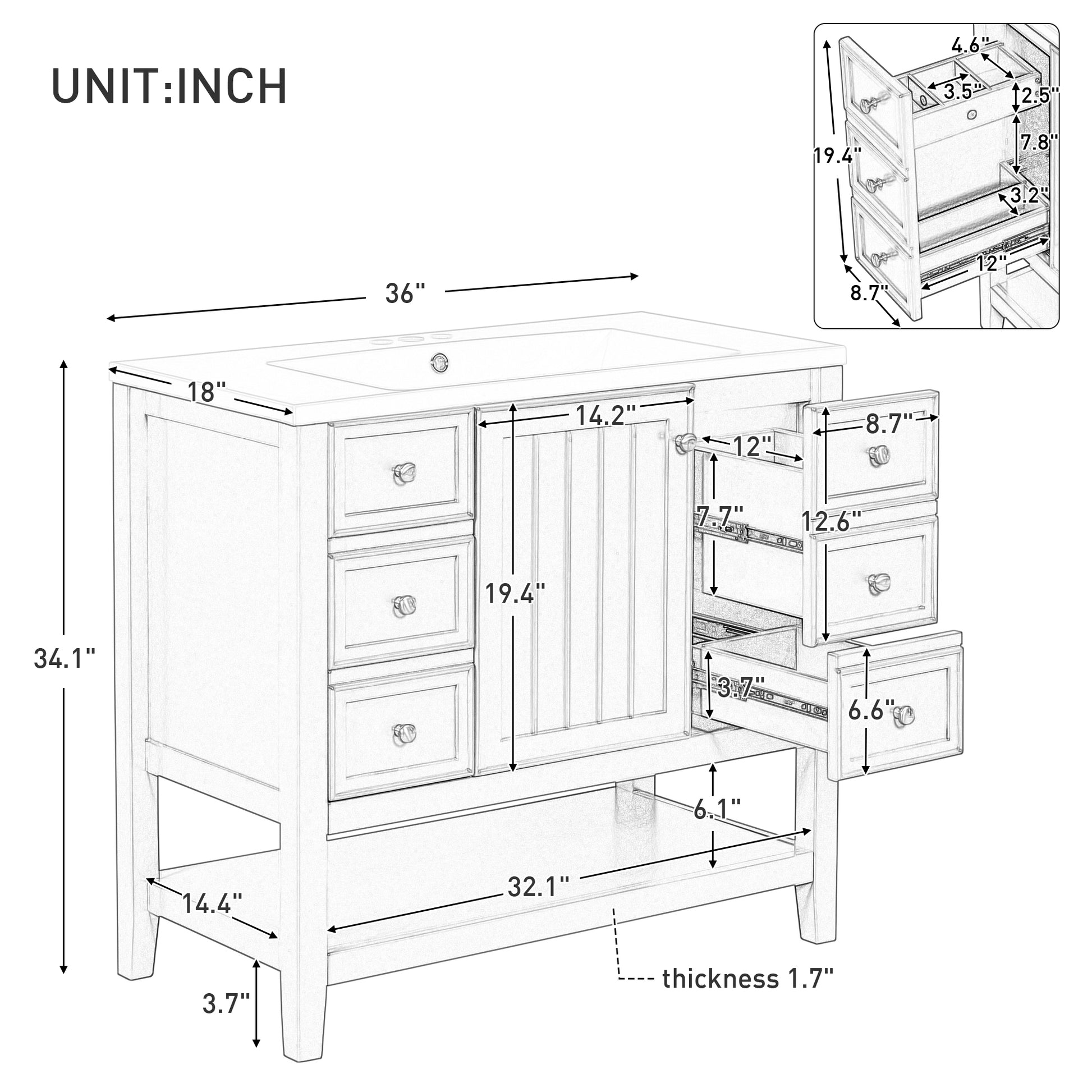 36" Bathroom Vanity With Sink Combo, One Cabinet And Three Drawers, Solid Wood And Mdf Board, White Old Sku:Sy999505Aak White Solid Wood Mdf