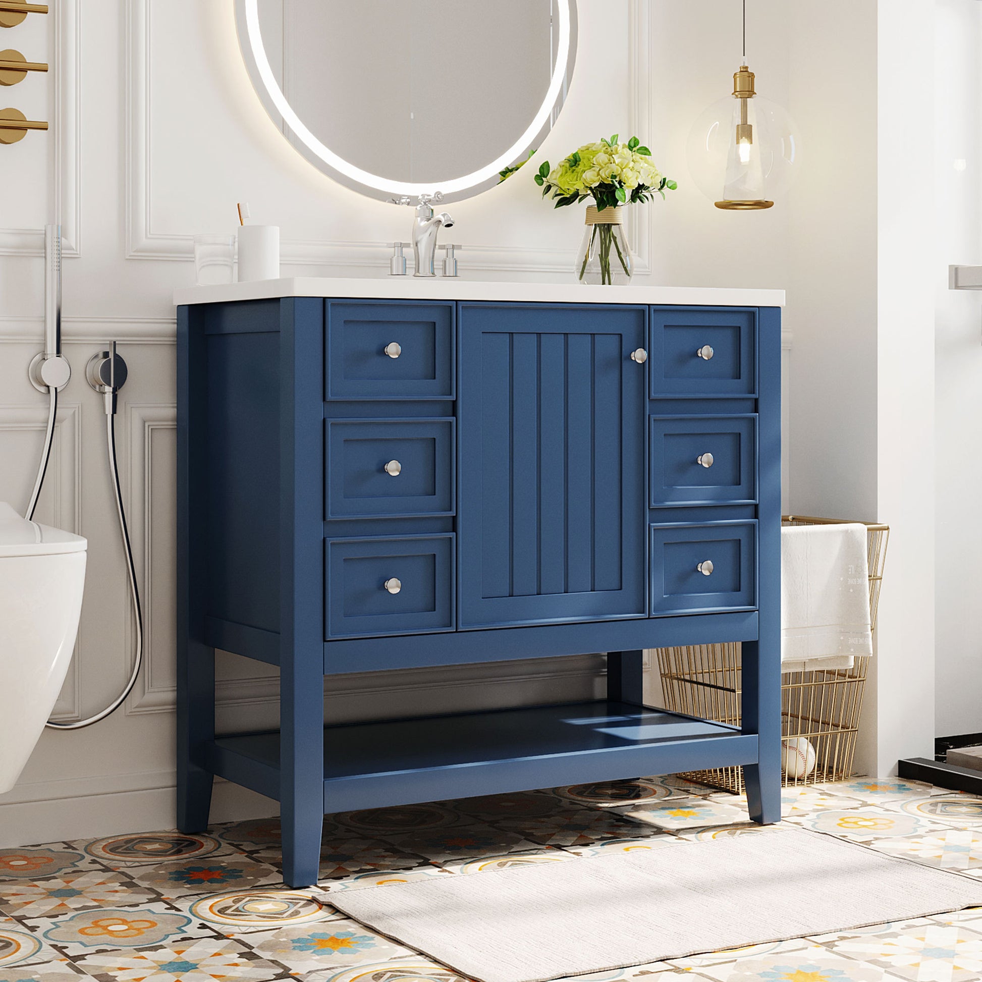 36" Bathroom Vanity With Sink Combo, One Cabinet And Three Drawers, Solid Wood And Mdf Board, Blue Blue Solid Wood Mdf