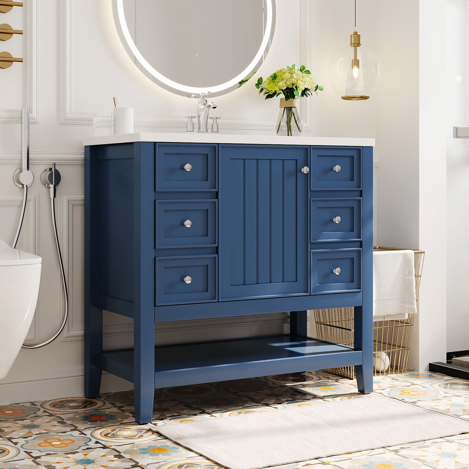 36" Bathroom Vanity With Sink Combo, One Cabinet And Three Drawers, Solid Wood And Mdf Board, Blue Old Sku:Sy999505Aac Blue Solid Wood Mdf