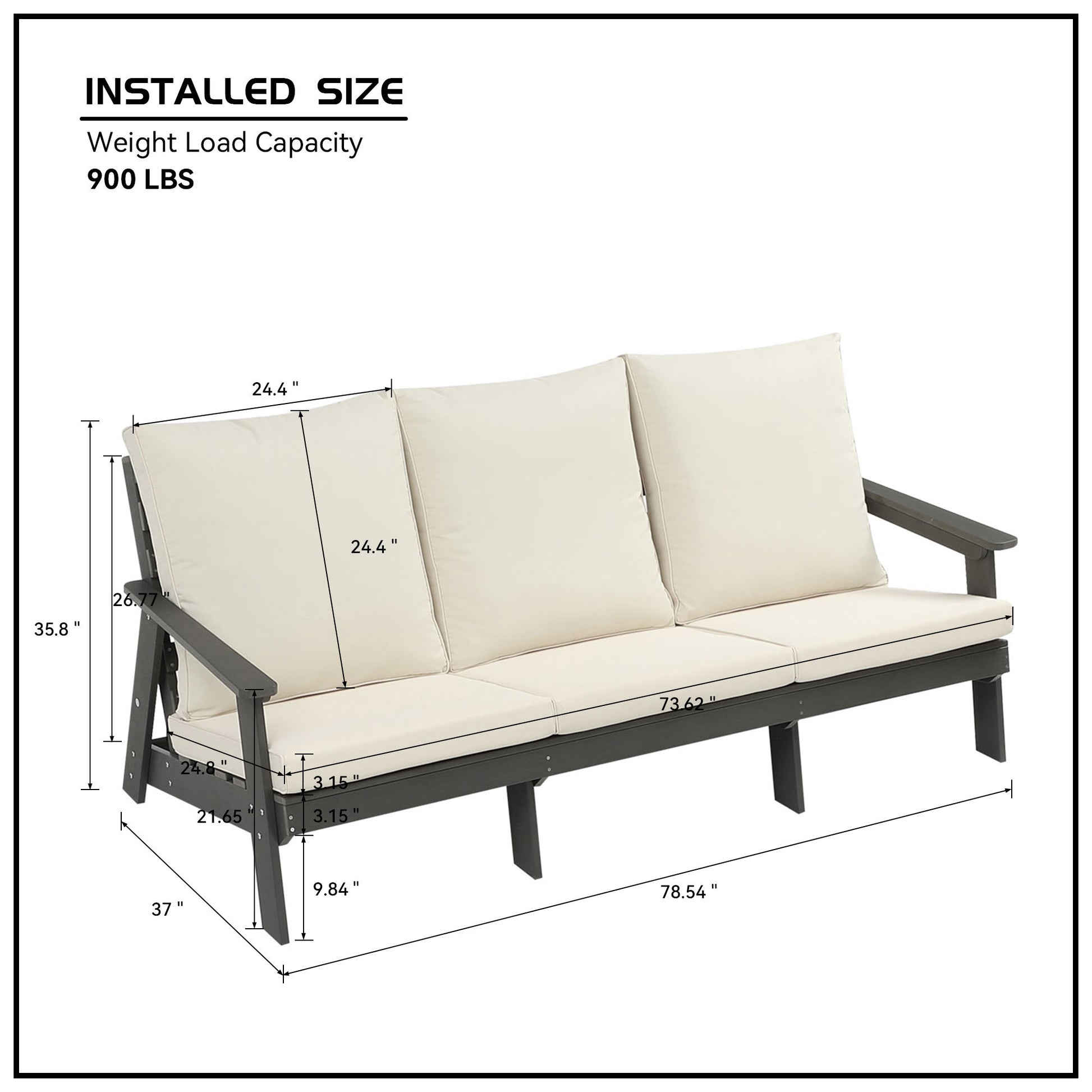 Hips 3 Seater Sofa With Cushion, Outdoor Garden Sofa, Sofa Set For Porch, Poolside, Terrace, And Yard Grey Beige Grey Hdpe