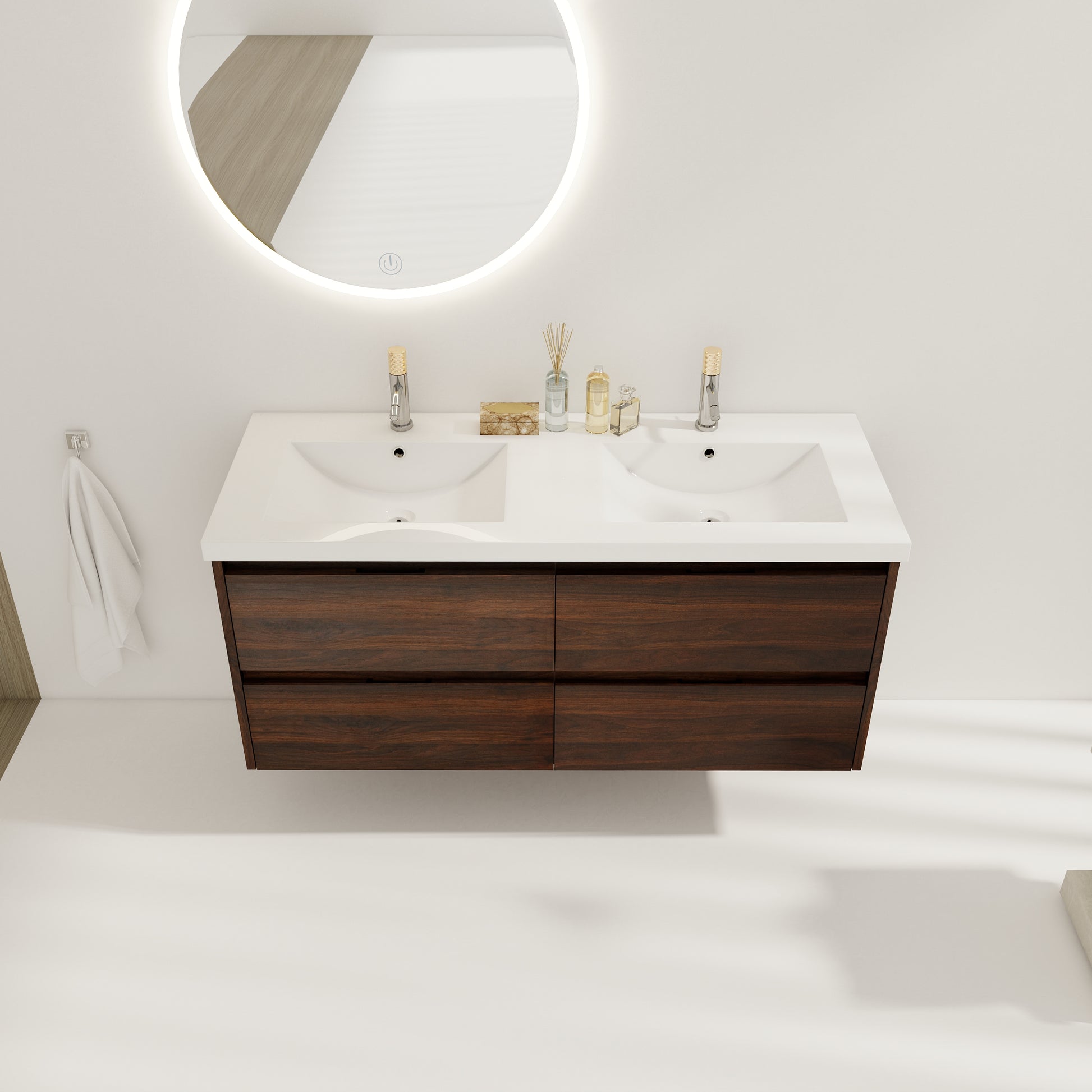 48 Inch Bathroom Vanity With Dual Sink, Resin Sink, 4 Soft Close Drawers, 48X18 California Walnut Plywood