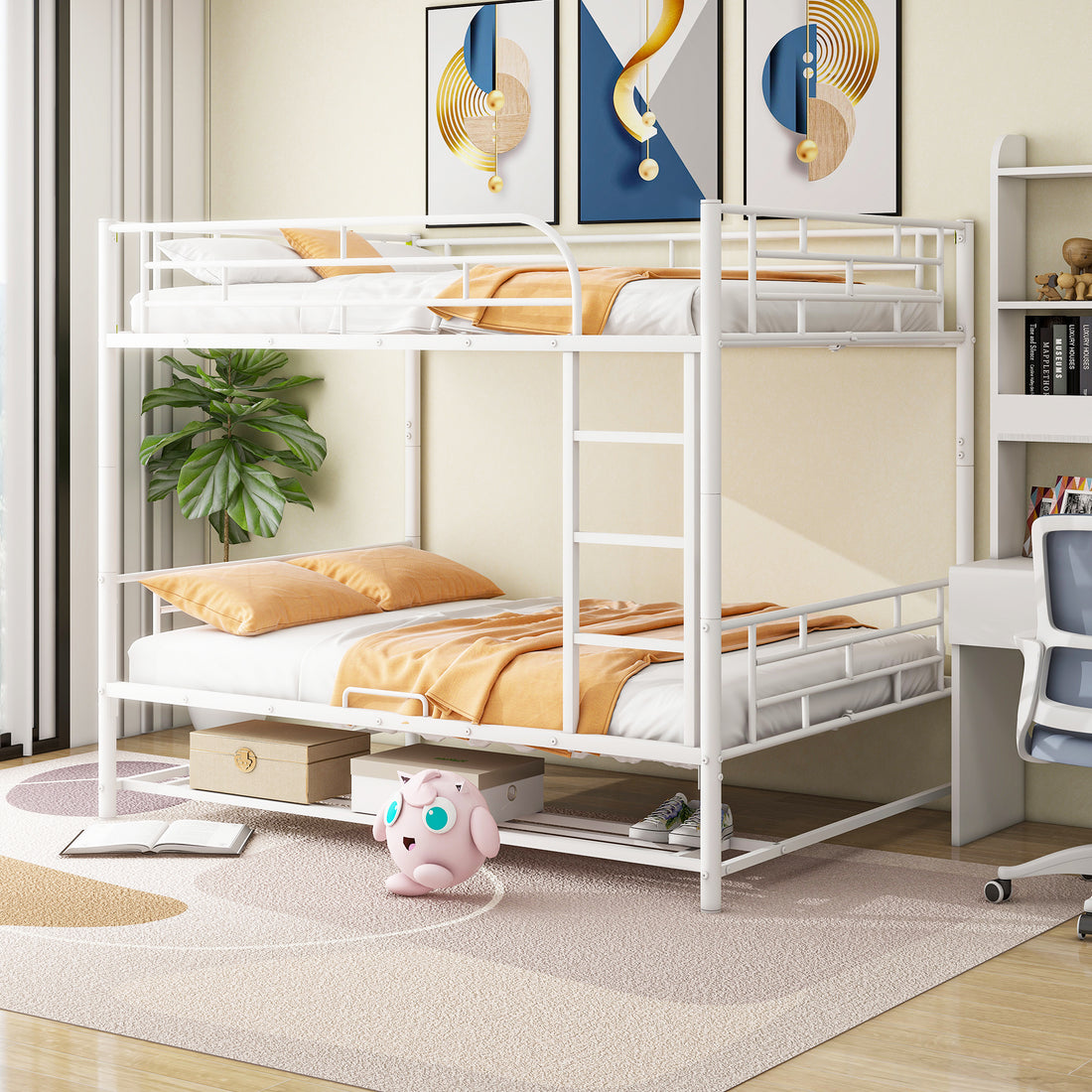 Full Over Full Metal Bunk Bed With Shelf And Guardrails, White White Steel