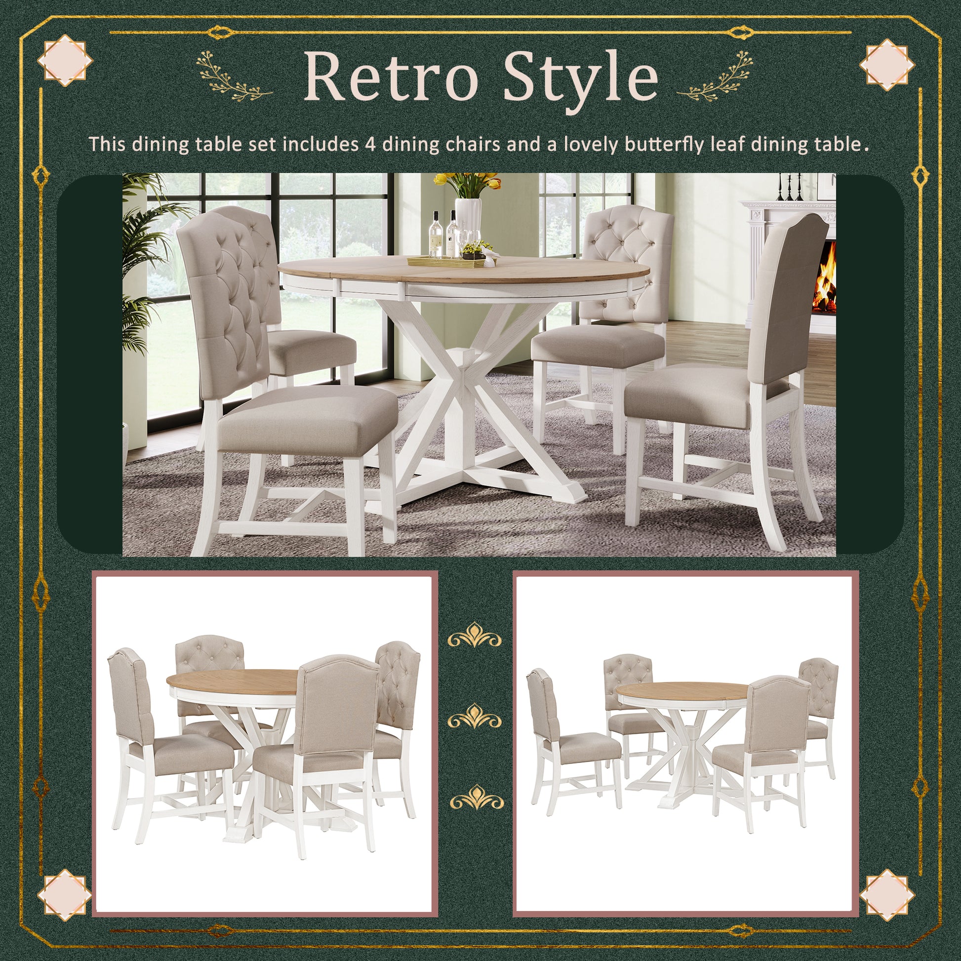 Functional Furniture Retro Style Dining Table Set With Extendable Table And 4 Upholstered Chairs For Dining Room And Living Room Oak Natural Wood Off White Oak Natural Wood Off White Solid Wood
