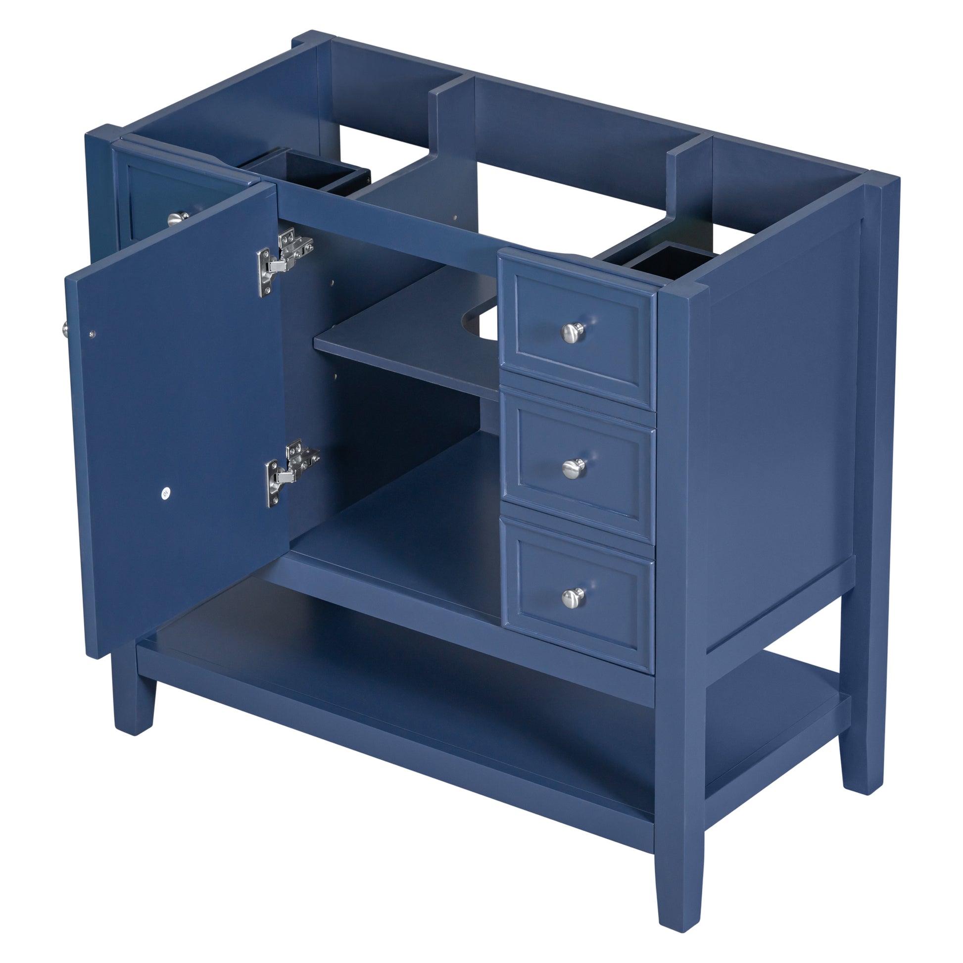 36" Bathroom Vanity Without Sink, Cabinet Base Only, One Cabinet And Three Drawers, Blue Blue Solid Wood Mdf