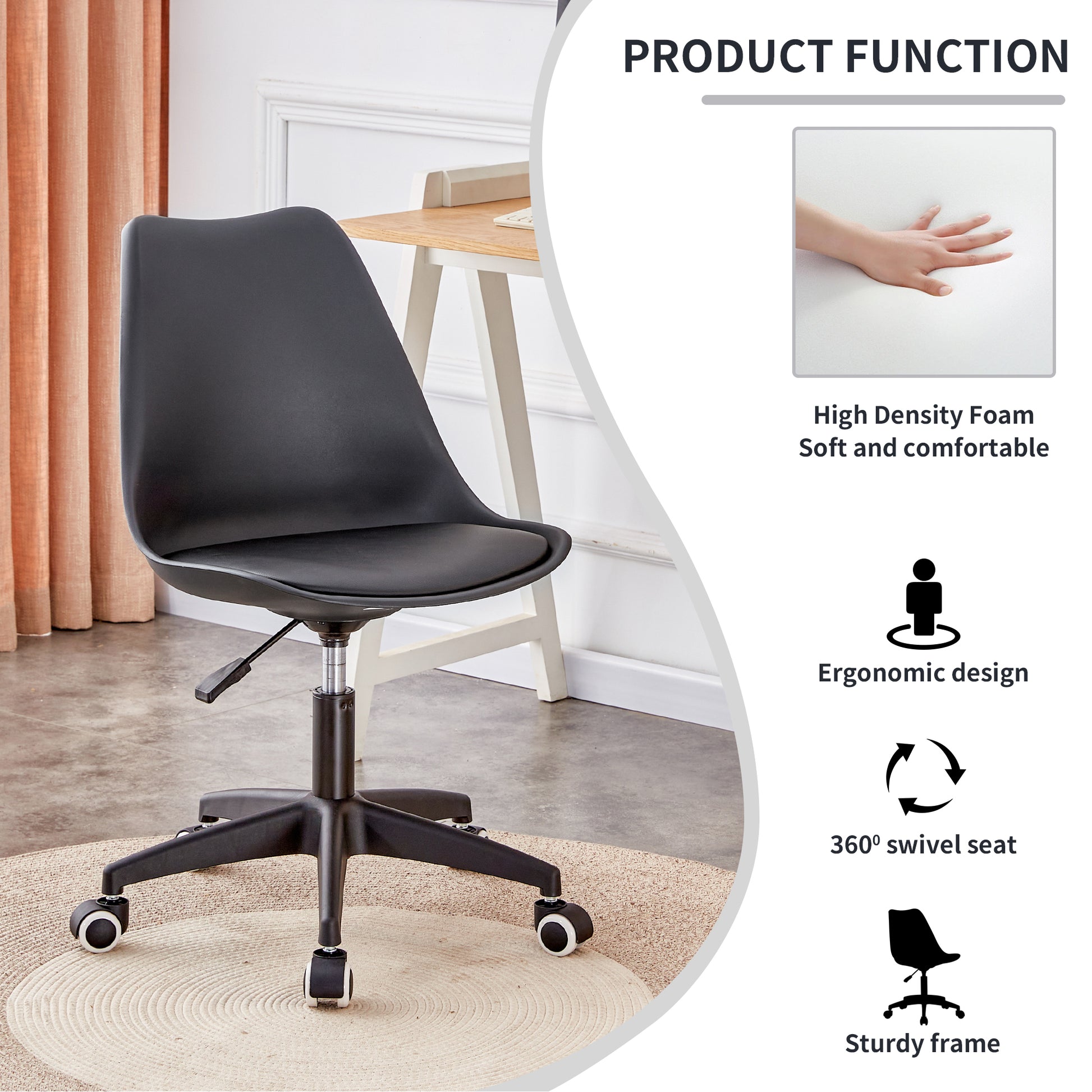 Modern Family Black Office Chair, Adjustable 360 Swivel Chair Engineering Plastic Armless Swivel Computer Chair, Suitable For Living Room, Bedroom, Office, Hotel Dining Room Black Plastic