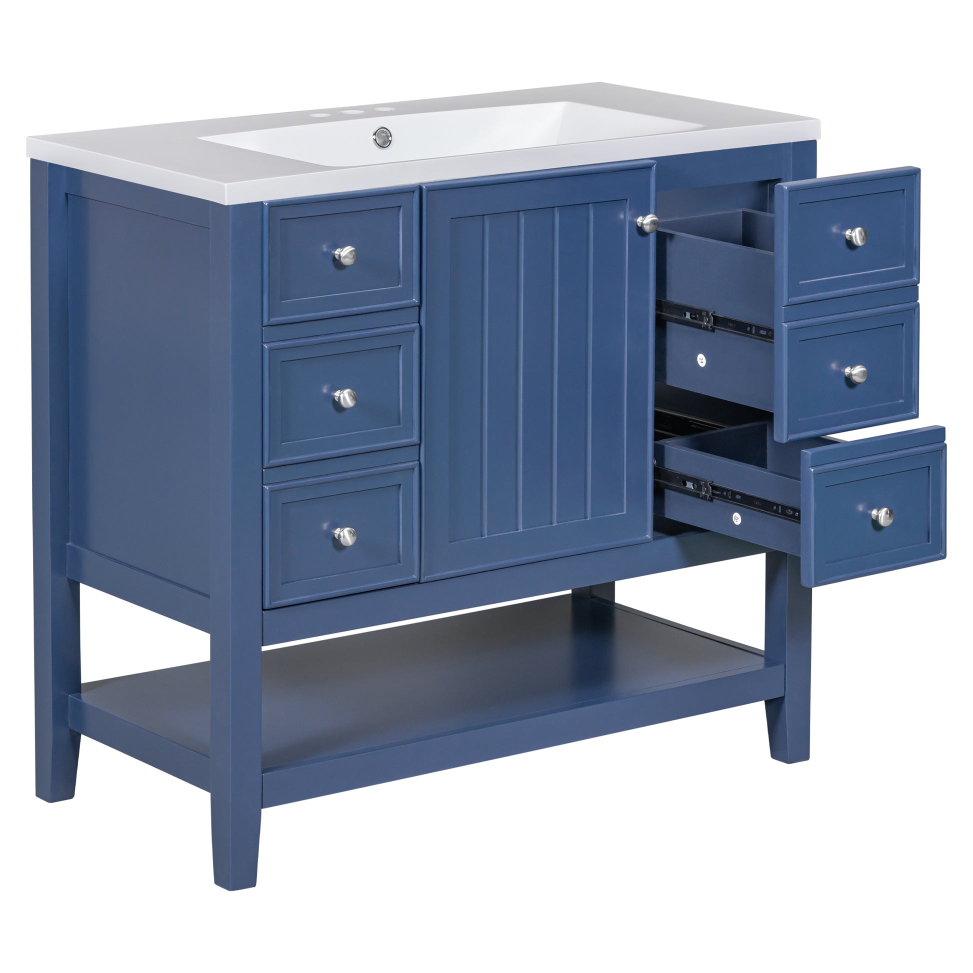 36" Bathroom Vanity With Sink Combo, One Cabinet And Three Drawers, Solid Wood And Mdf Board, Blue Blue Solid Wood Mdf