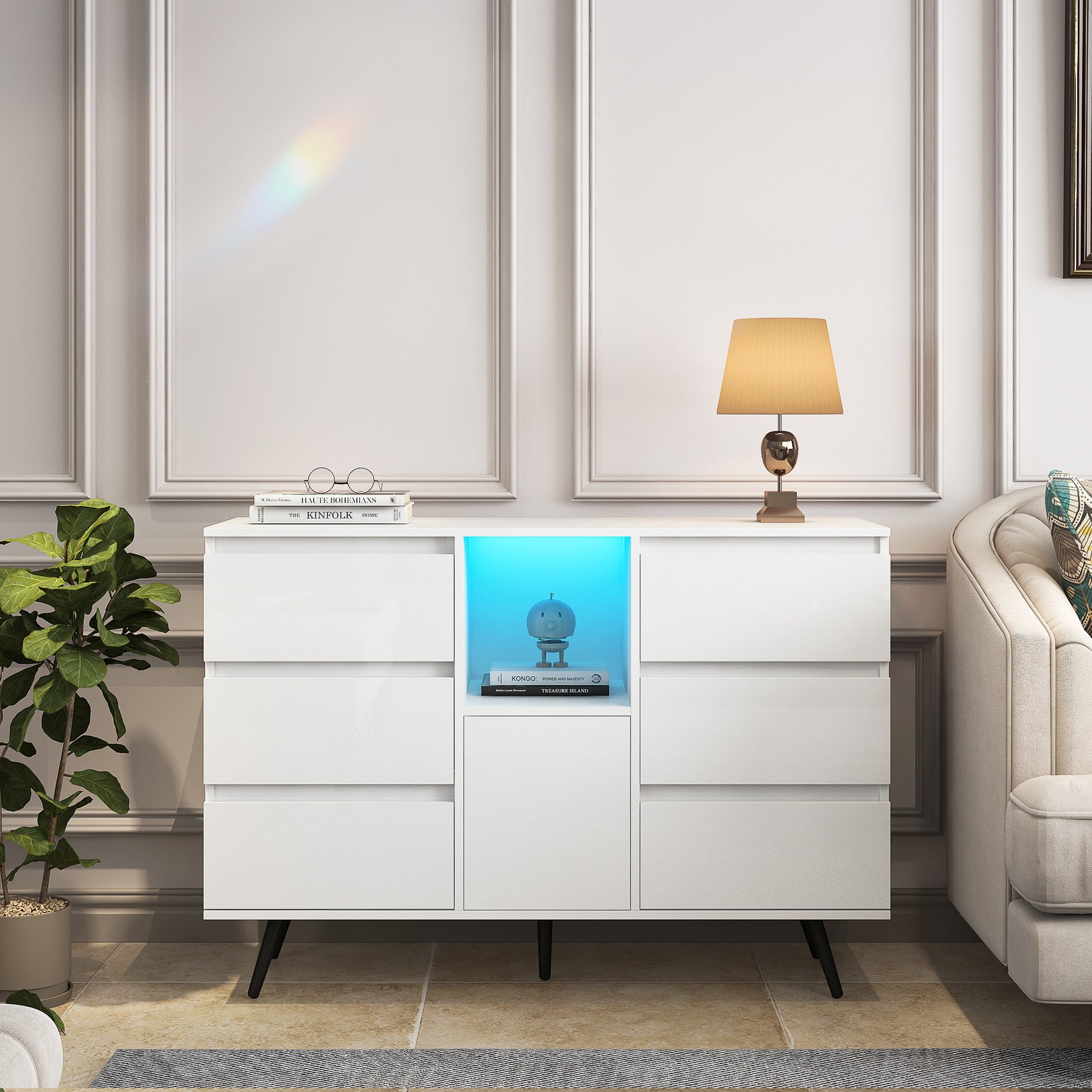 Living Room Sideboard Storage Cabinet White High Gloss With Led Light, Modern Kitchen Unit Cupboard Buffet Wooden Storage Display Cabinet White Mdf