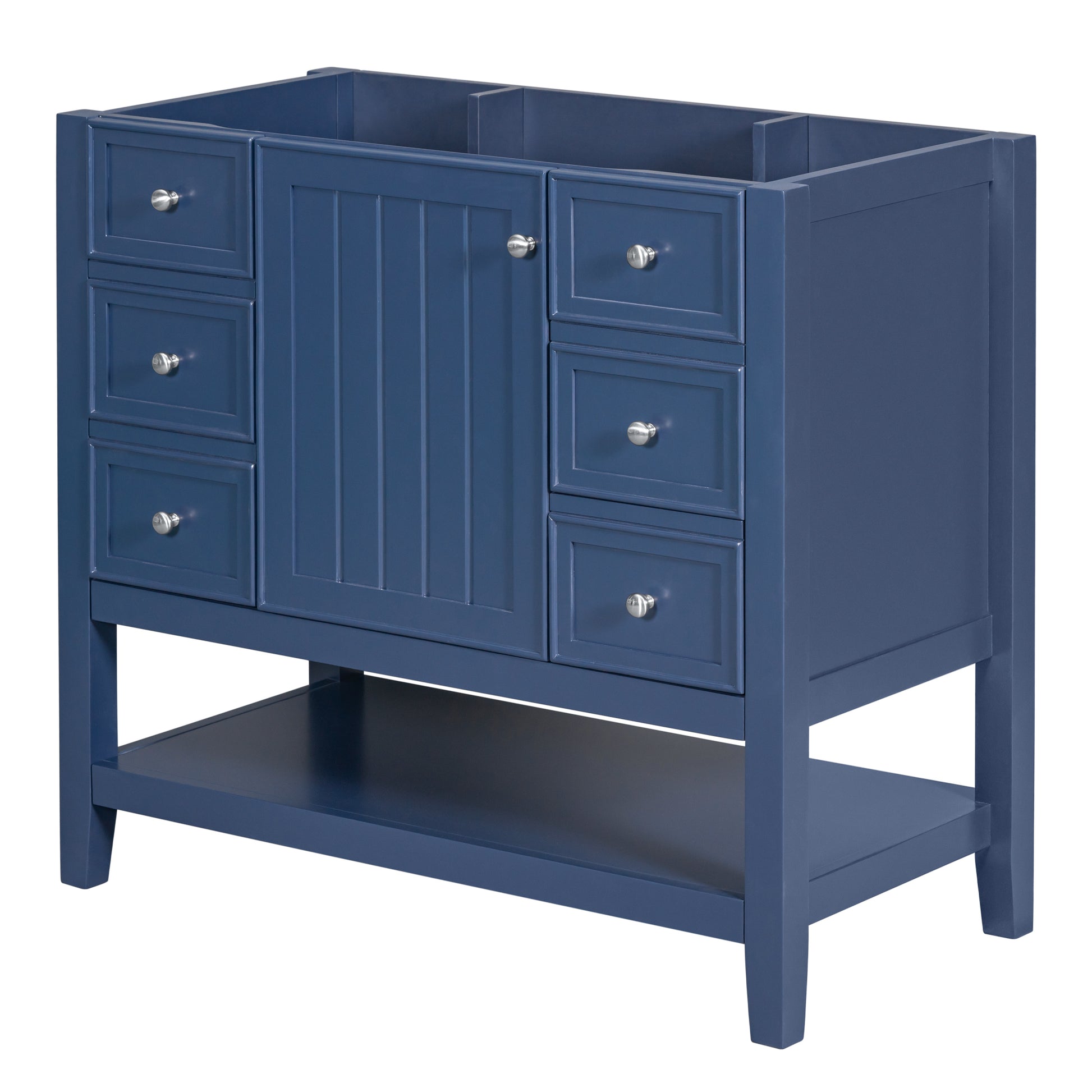 36" Bathroom Vanity Without Sink, Cabinet Base Only, One Cabinet And Three Drawers, Blue Blue Solid Wood Mdf