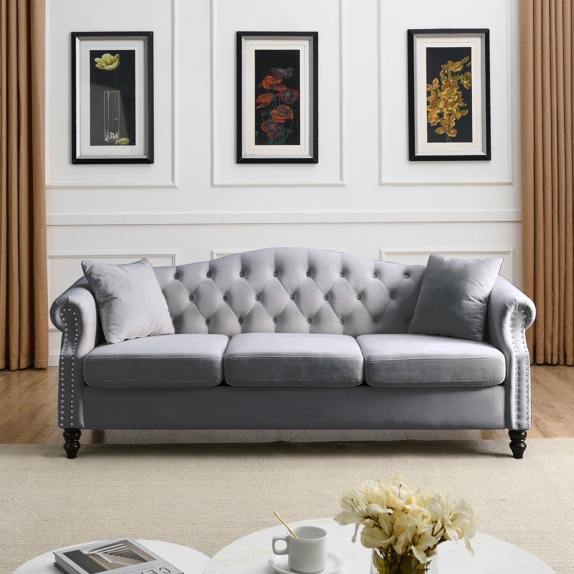 3 Seater 3 Seater Combination Sofa.Grey Velvet W834S00064 Grey Foam Velvet
