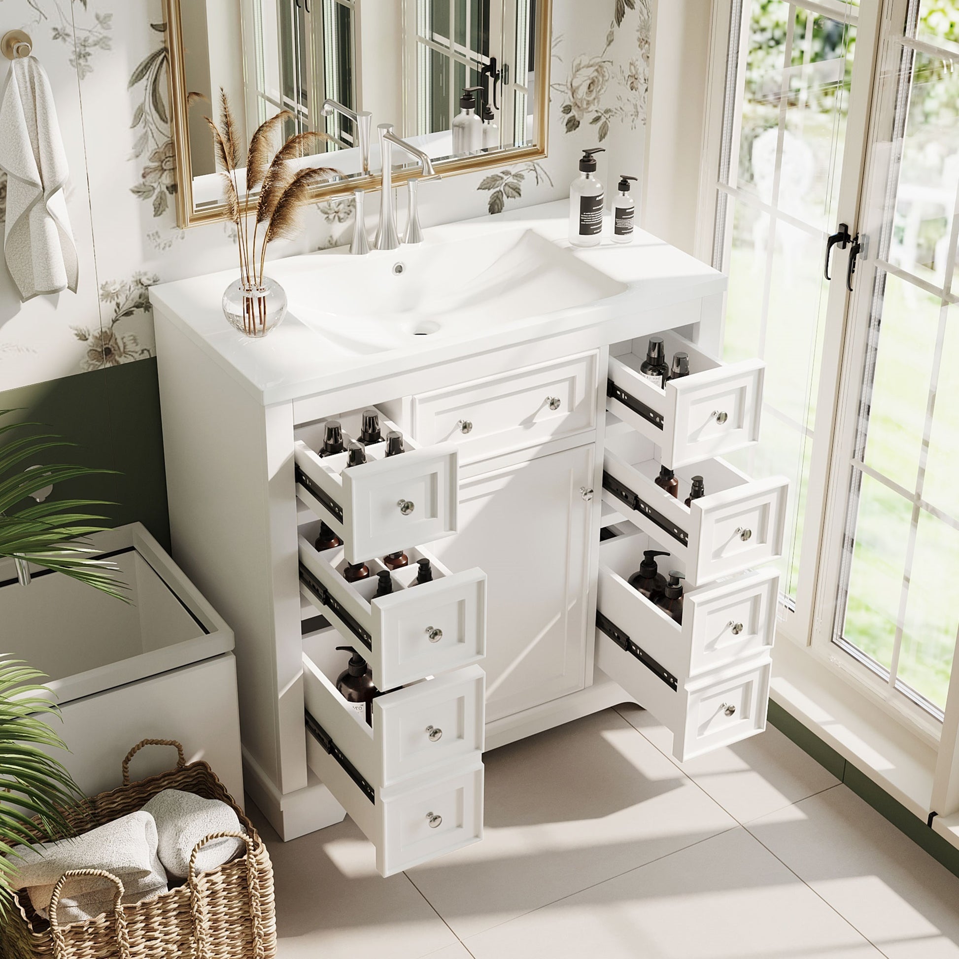 36" Bathroom Vanity With Sink Combo, One Cabinet And Six Drawers, Solid Wood And Mdf Board, White White Solid Wood Mdf