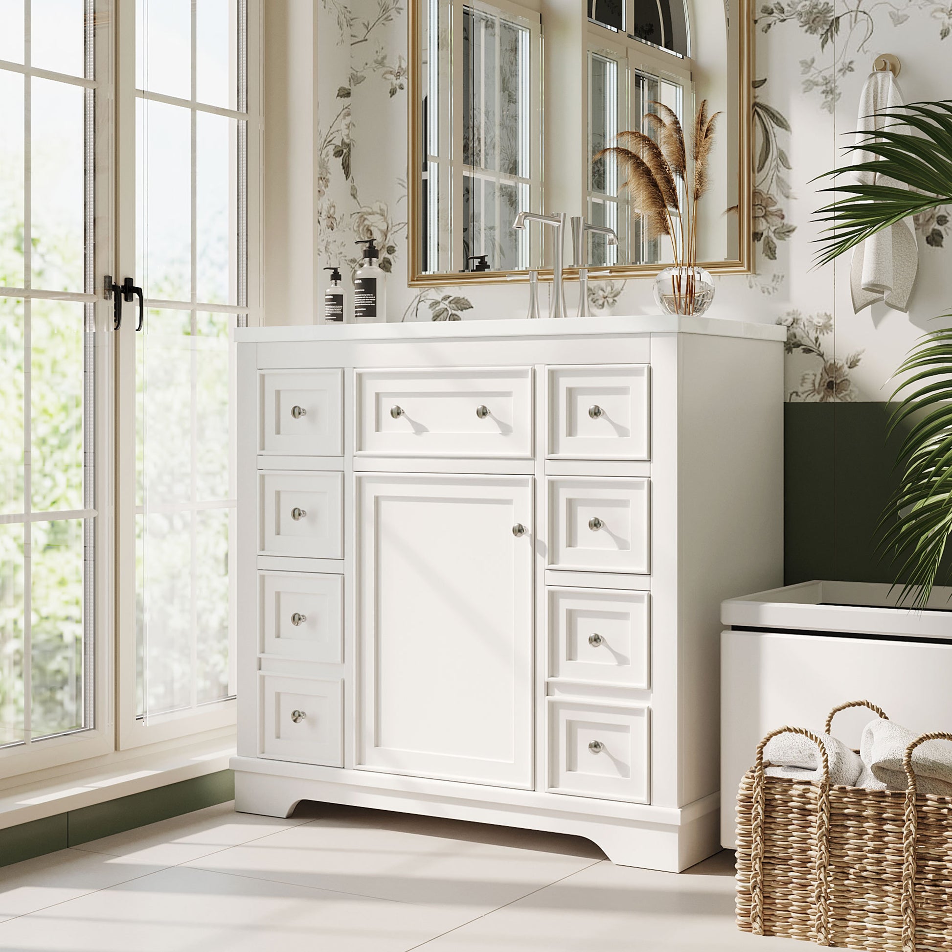 36" Bathroom Vanity With Sink Combo, One Cabinet And Six Drawers, Solid Wood And Mdf Board, White White Solid Wood Mdf