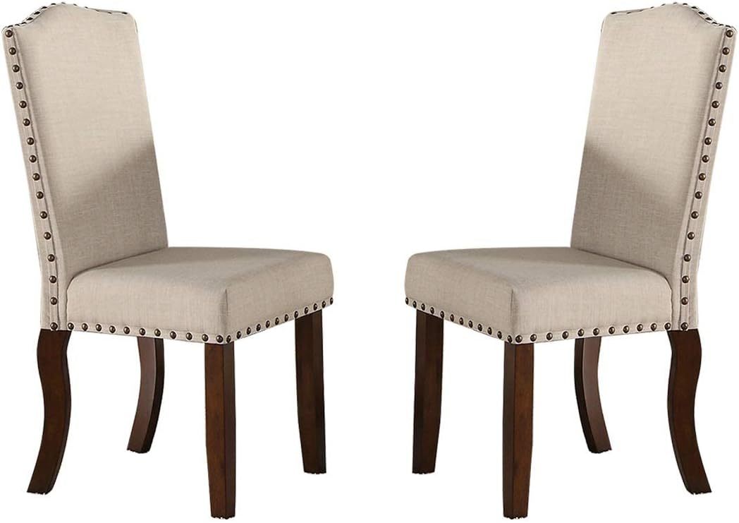Classic Cream Upholstered Cushion Chairs Set Of 2Pc Dining Chair Nailheads Solid Wood Legs Dining Room Cream Brown Dining Room Classic,Modern Dining Chairs Rubberwood Solid Back Solid Wood