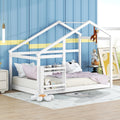 Twin Size Wooden House Bed, Twin Floor Wooden Bed With Shelf, No Box Springwhite Color, Twin Bed White Pine