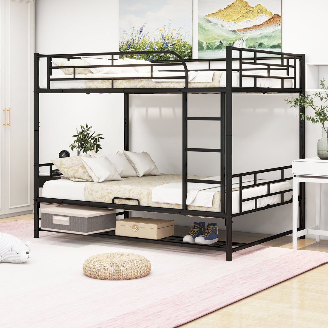 Full Over Full Metal Bunk Bed With Shelf And Guardrails, Black Black Steel