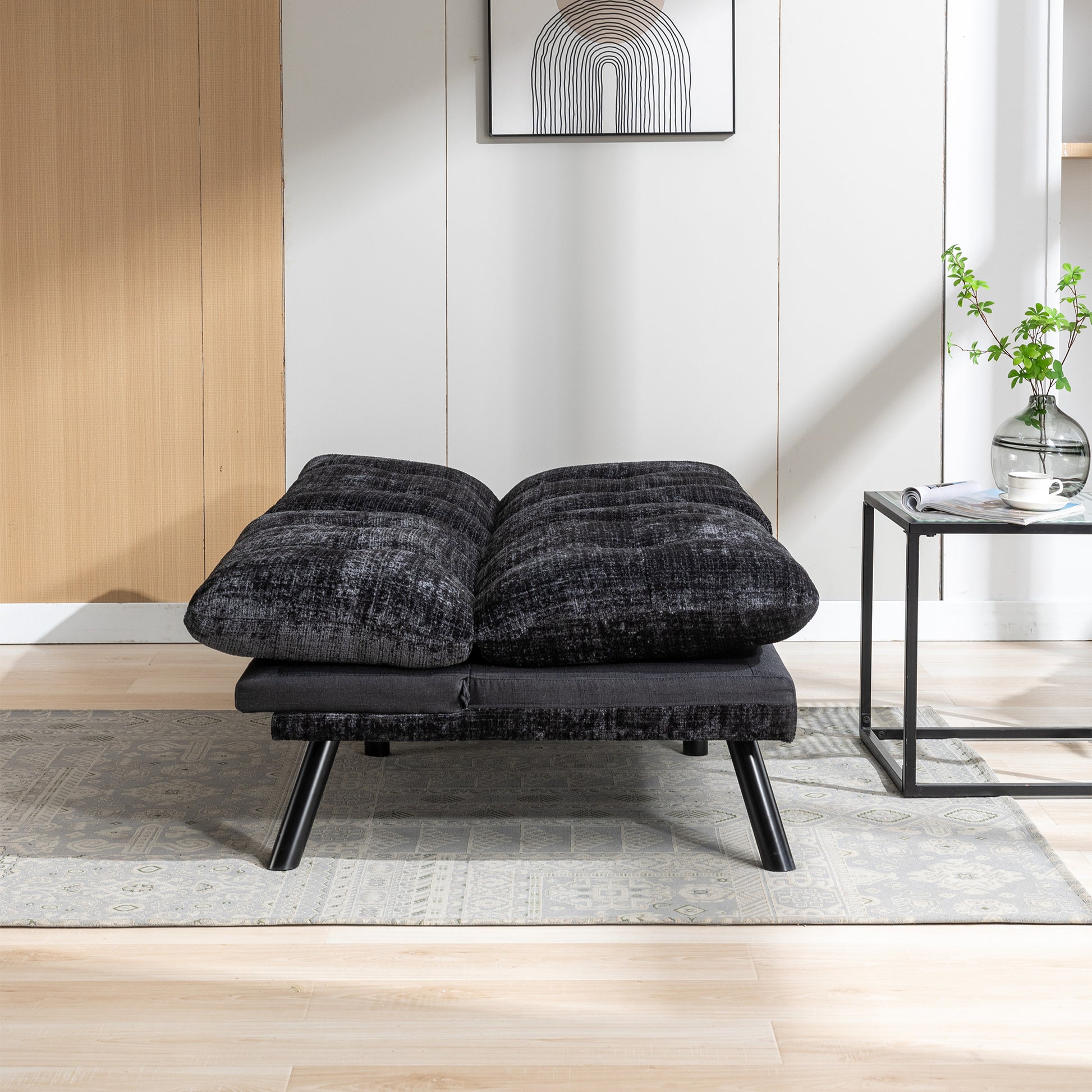 Convertible Sofa Bed Loveseat Futon Bedadjustable Lounge Couch With Metal Legs,Futon Sets For Compact Living Space Chenille Black Upholstered