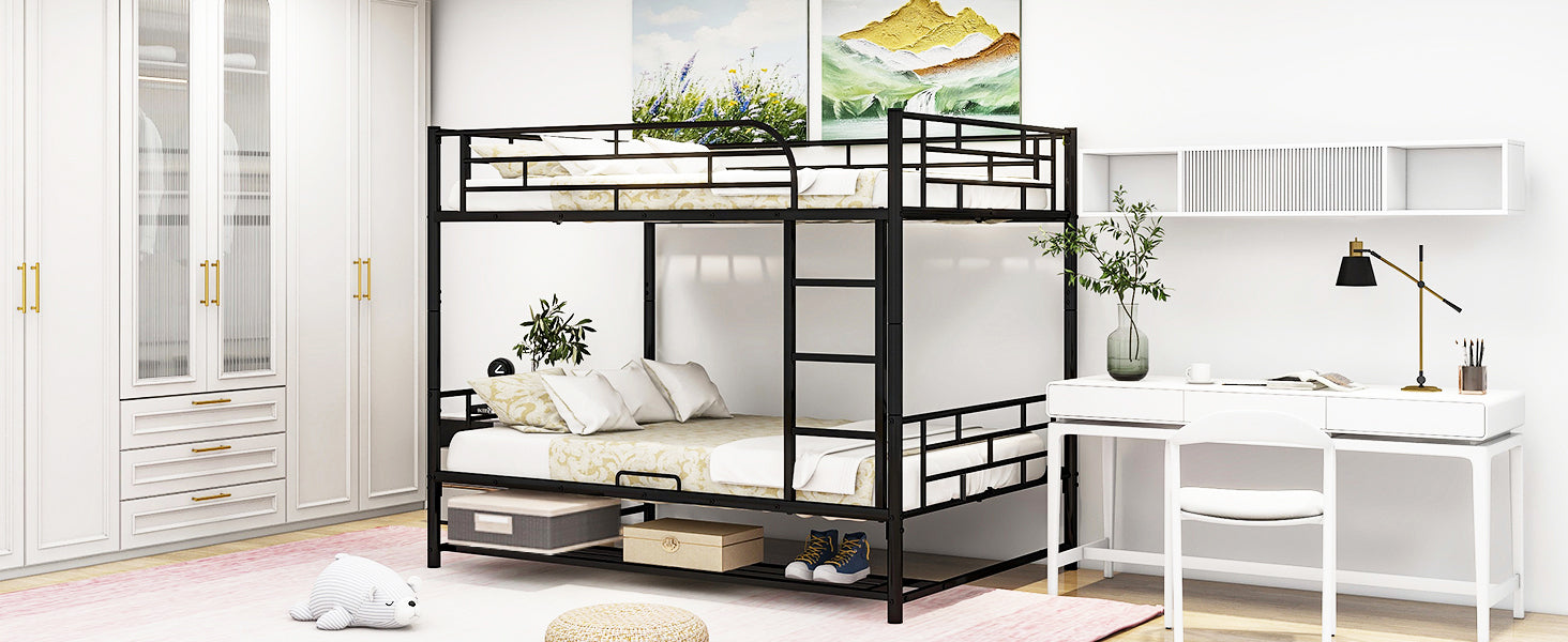 Full Over Full Metal Bunk Bed With Shelf And Guardrails, Black Black Steel