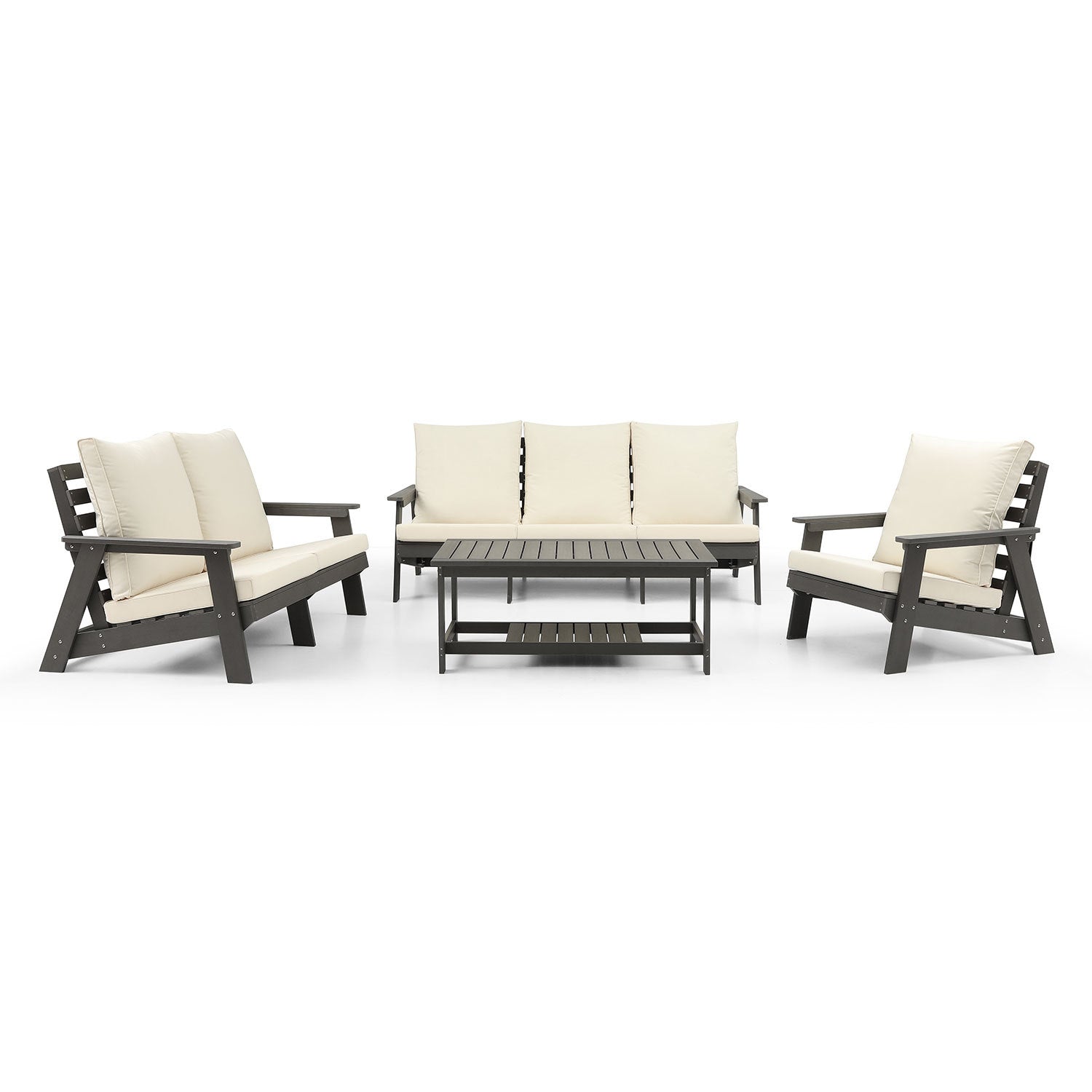 Hips Loveseat With Cushion, Wood Grain Outdoor Garden Sofa, Sofa Set For Porch, Poolside, Terrace, And Yard Grey Beige Grey Hdpe