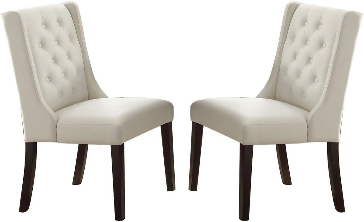 Modern Faux Leather White Tufted Set Of 2 Chairs Dining Seat Chair Birch Wood White Brown Dining Room Foam Contemporary,Modern Dining Chairs Birch Tufted Back Mdf