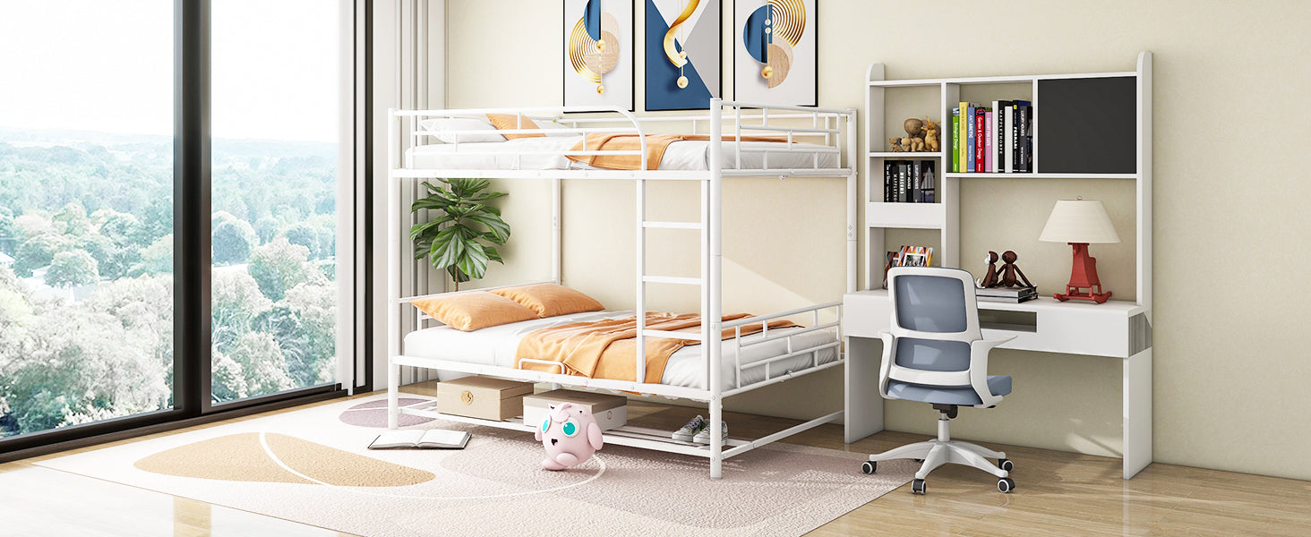 Full Over Full Metal Bunk Bed With Shelf And Guardrails, White White Steel