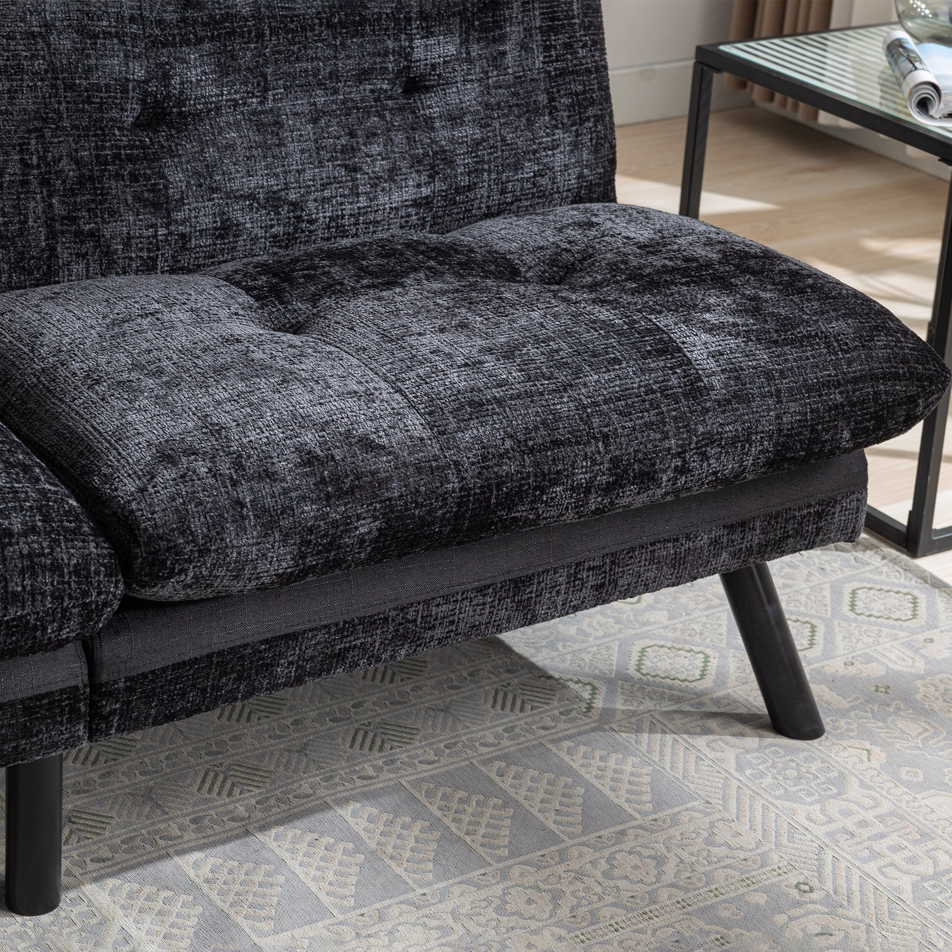 Convertible Sofa Bed Loveseat Futon Bedadjustable Lounge Couch With Metal Legs,Futon Sets For Compact Living Space Chenille Black Upholstered