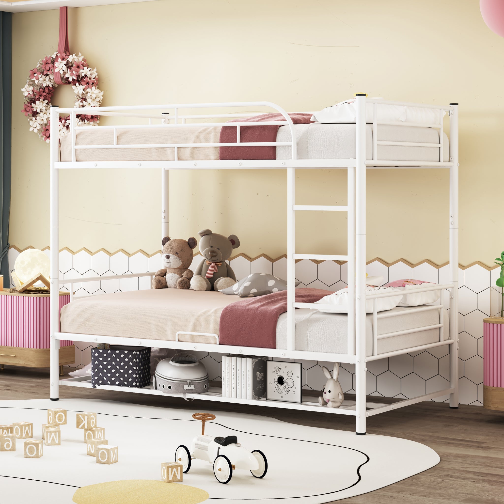 Twin Over Twin Metal Bunk Bed With Shelf And Guardrails, White White Steel