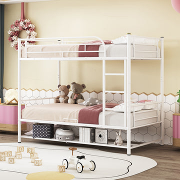 Twin Over Twin Metal Bunk Bed With Shelf And Guardrails, White White Steel