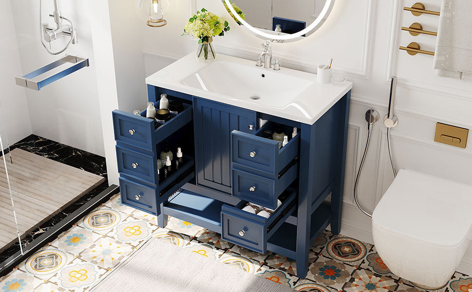 36" Bathroom Vanity With Sink Combo, One Cabinet And Three Drawers, Solid Wood And Mdf Board, Blue Blue Solid Wood Mdf