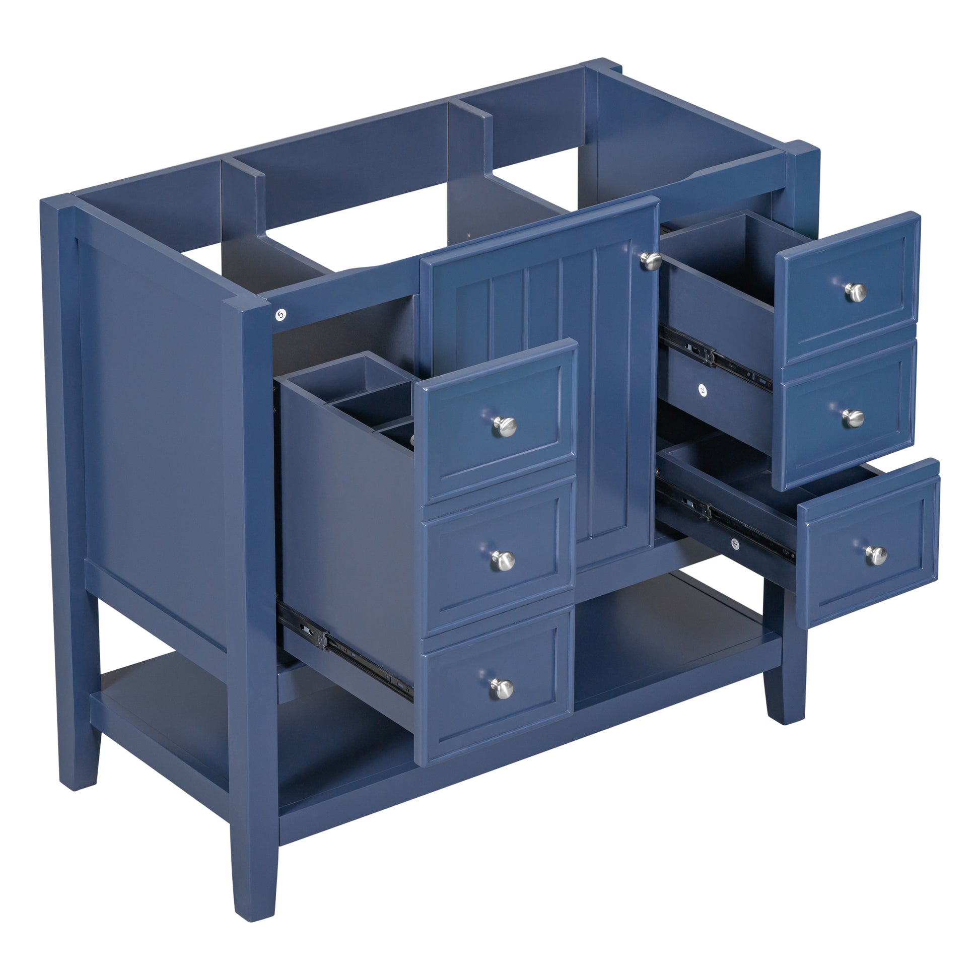 36" Bathroom Vanity Without Sink, Cabinet Base Only, One Cabinet And Three Drawers, Blue Blue Solid Wood Mdf