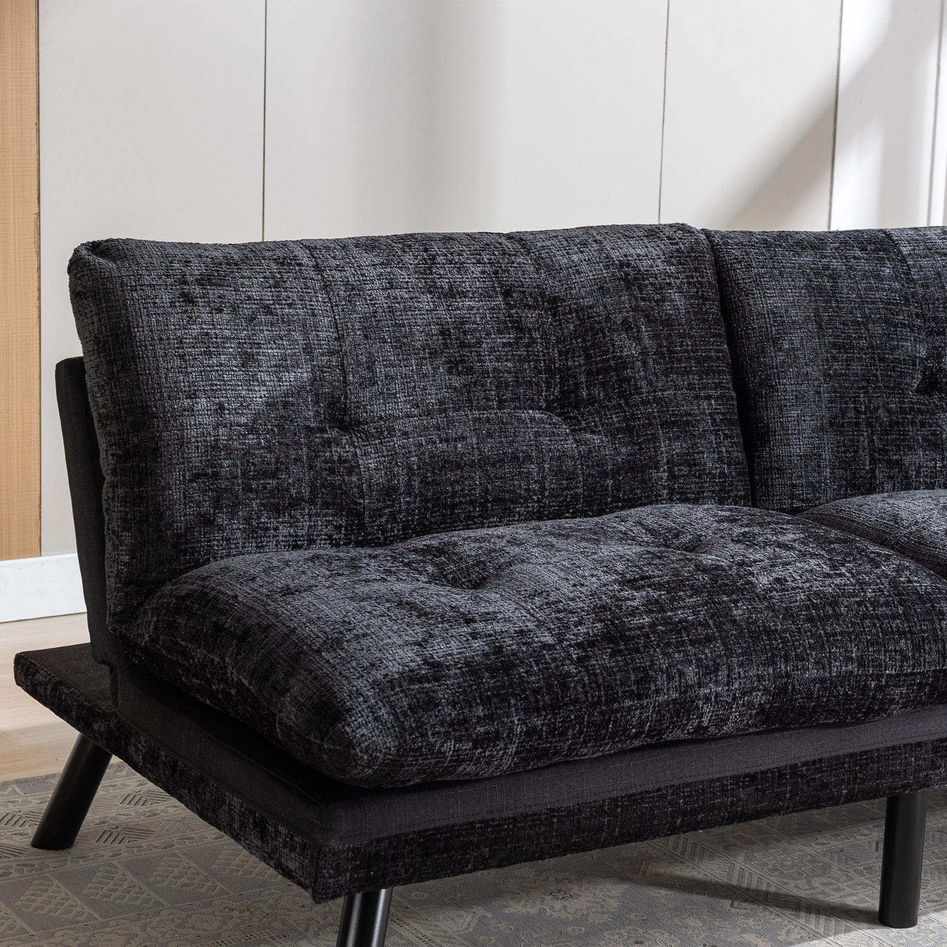 Convertible Sofa Bed Loveseat Futon Bedadjustable Lounge Couch With Metal Legs,Futon Sets For Compact Living Space Chenille Black Upholstered