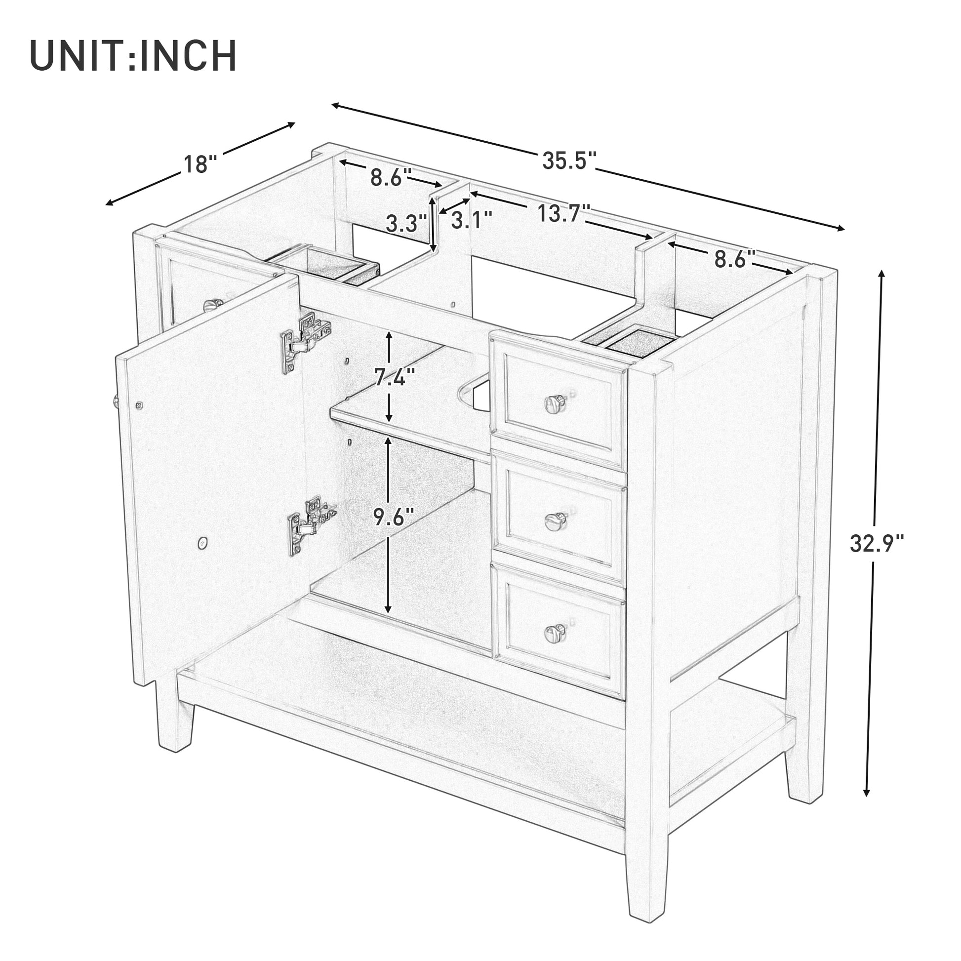 36" Bathroom Vanity Without Sink, Cabinet Base Only, One Cabinet And Three Drawers, Blue Blue Solid Wood Mdf