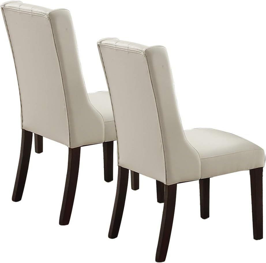 Contemporary White Faux Leather 7Pc Dining Set Solid Wood Dining Table And 6X Side Chair Tufted Wingback Design Dining Room Furniture Espresso Wood Dining Room Rubberwood Rectangular Dining Table With Chair Upholstered Chair Wood Espresso White Seats 6