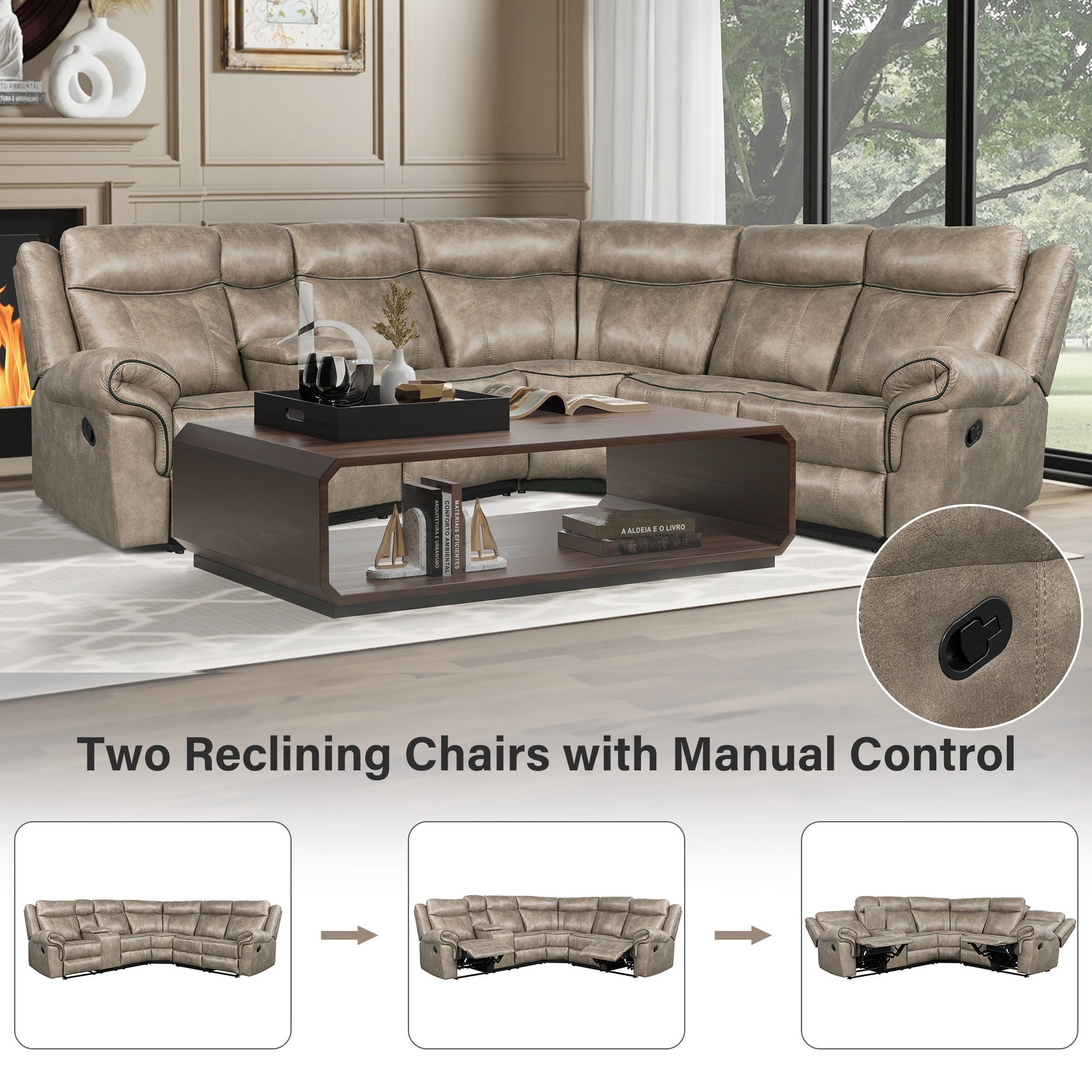 Home Theater Seating Manual Recliner With Cup Holder, Hide Away Storage, 2 Usb Ports And 2 Power Sockets For Living Room, Home Theater, Brown Brown Foam Palomino Fabric