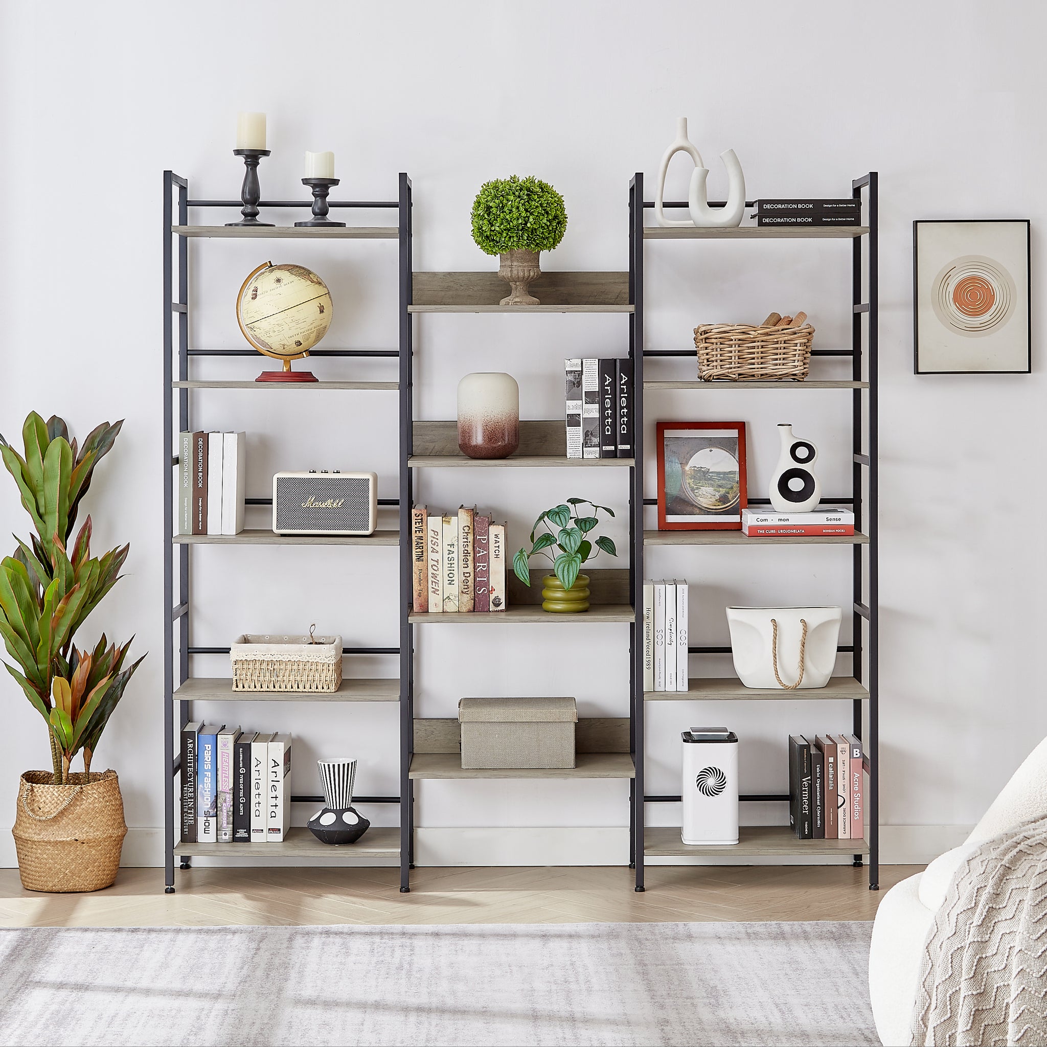 Triple Wide 5 Shelf Bookshelves Industrial Retro Wooden Style Home And Office Large Open Bookshelves, Grey, 69.3"W X 11.8"D X 70.1"H Grey Particle Board