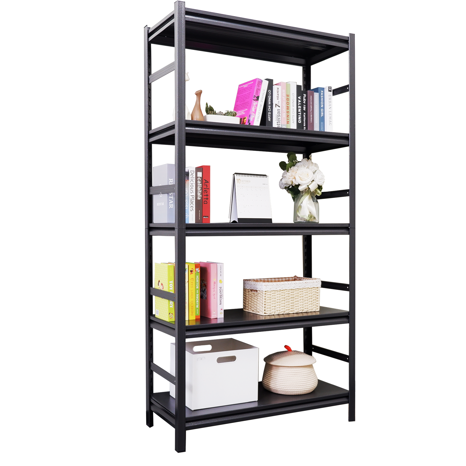 Adjustable Heavy Duty Metal Shelving 5 Tier Storage Shelves, 2000Lbs Load, Kitchen, Garage, Pantry H63 * W31.5 * D15.7 5 Black Standard Vertical Office Open Back Metal Classic Adjustable Shelves Metal Steel