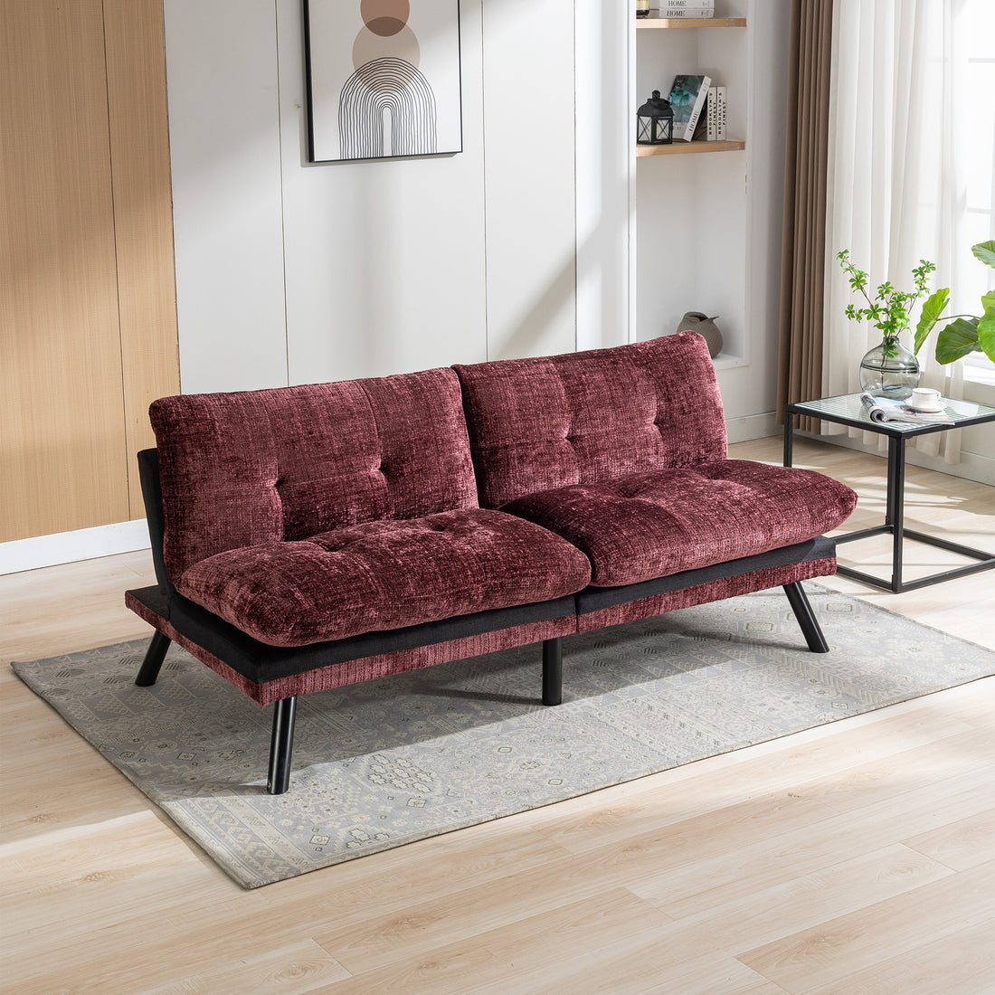 Convertible Sofa Bed Loveseat Futon Bedadjustable Lounge Couch With Metal Legs,Futon Sets For Compact Living Space Chenille Wine Red Wine Red Upholstered