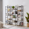 Triple Wide 5 Shelf Bookshelves Industrial Retro Wooden Style Home And Office Large Open Bookshelves, Grey, 69.3