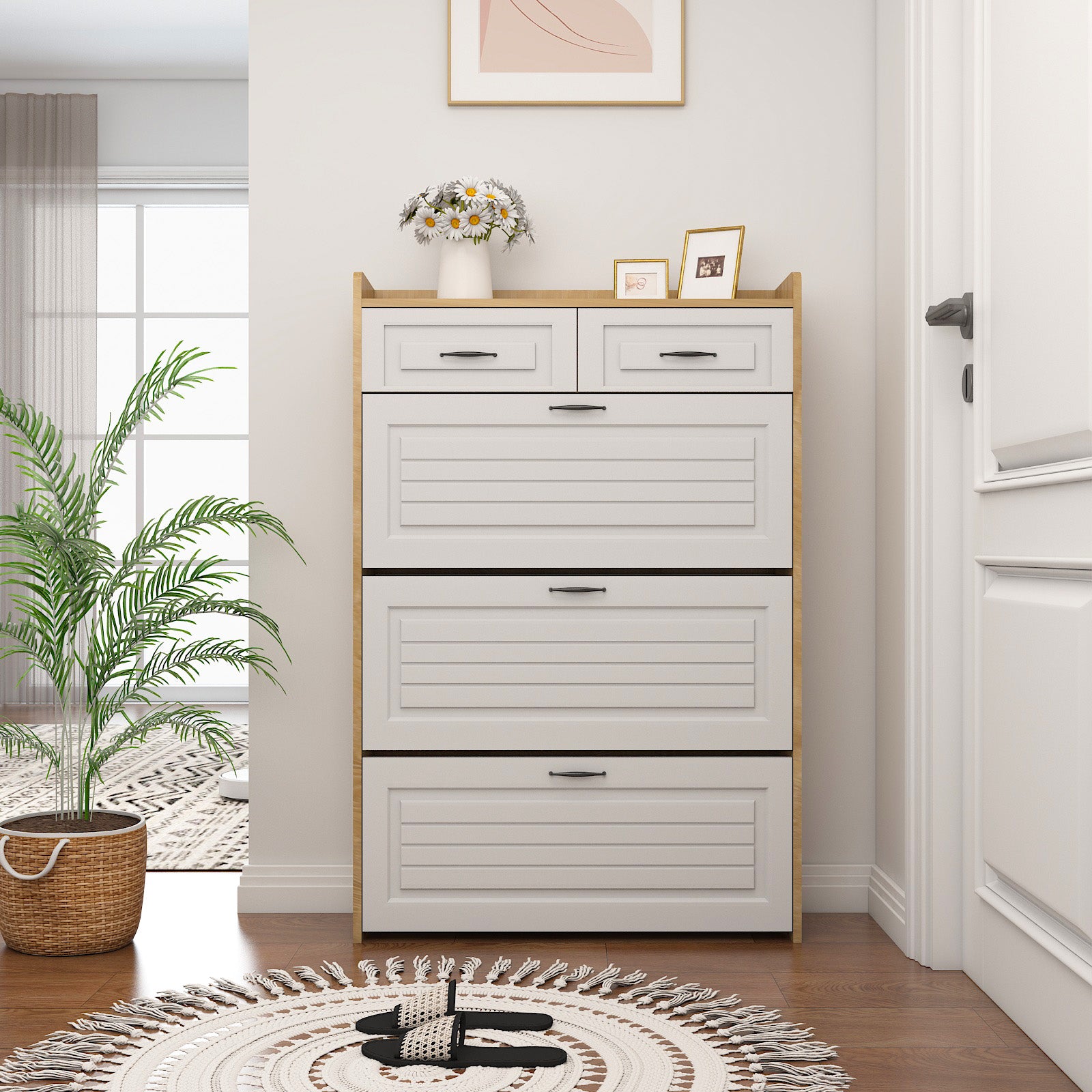 1250 White Oak Color Shoe Cabinet With 3 Doors 2 Drawers,Pvc Door With Shape ,Large Space For Storage Chest 5 Or More Drawers White Brown Primary Living Space Drawers Included Particle Board Mdf