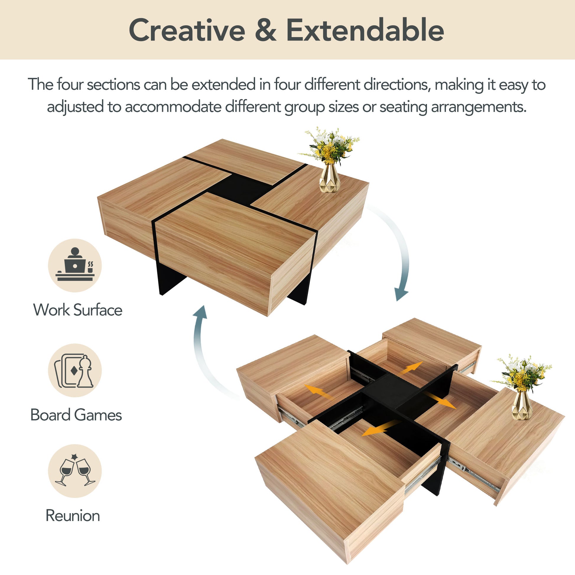 Unique Design Coffee Table With 4 Hidden Storage Compartments, Square Cocktail Table With Extendable Sliding Tabletop, Uv High Gloss Design Center Table For Living Room, 31.5"X 31.5" Brown Soft Close Drawers Primary Living Space Freestanding Square