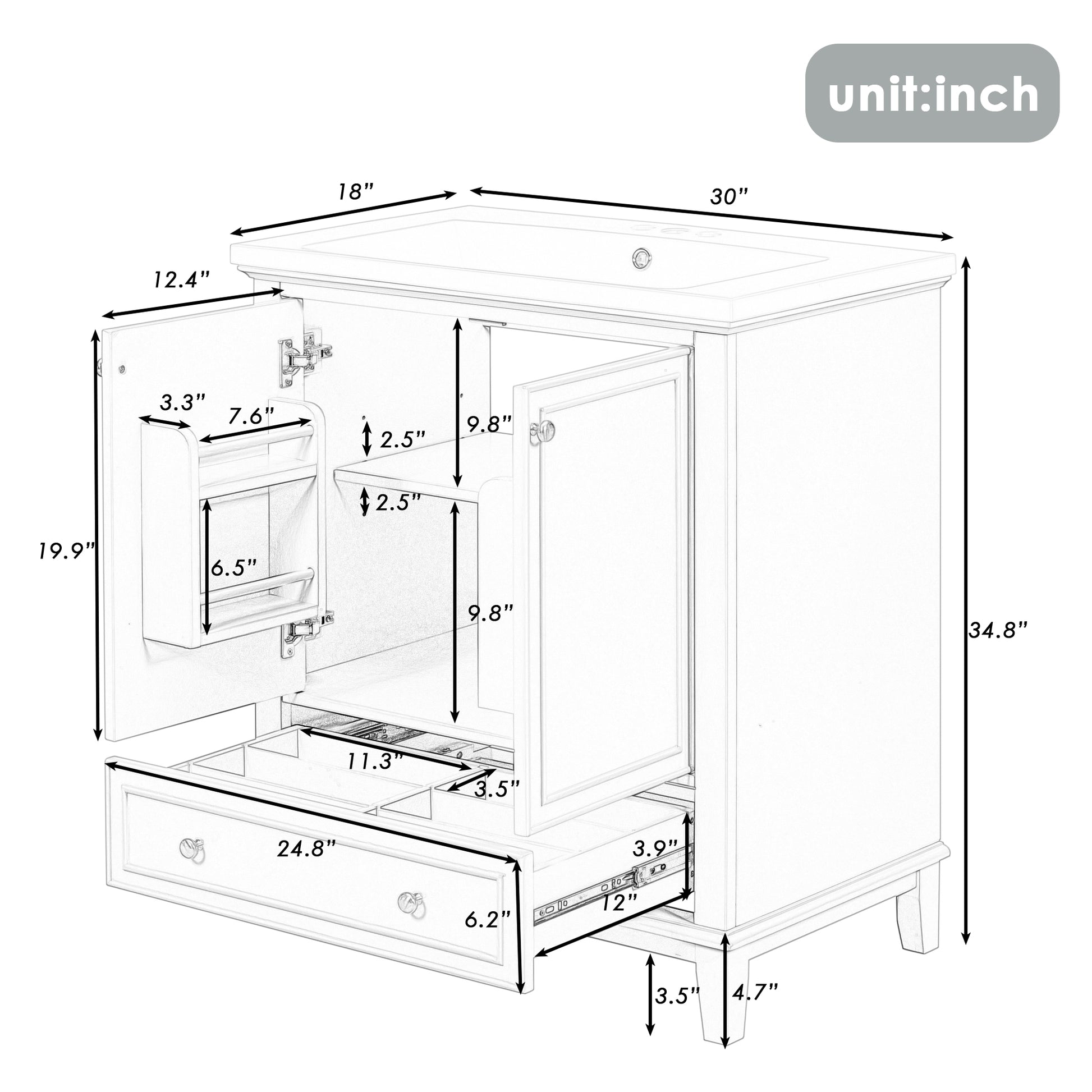 30" Bathroom Vanity Without Sink, Base Only, Multi Functional Bathroom Cabinet With Doors And Drawer, Solid Frame And Mdf Board, Black Black Solid Wood Mdf