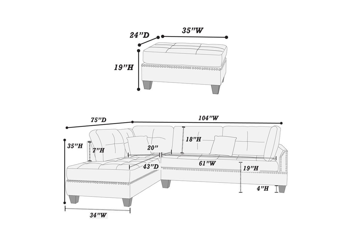 3 Pcs Sectional Sofa Blue Grey Polyfiber Cushion Sofa Chaise Ottoman Reversible Couch Pillows Light Grey Blue Faux Leather Wood Primary Living Space Cushion Back Contemporary,Modern L Shaped Fabric 5 Seat