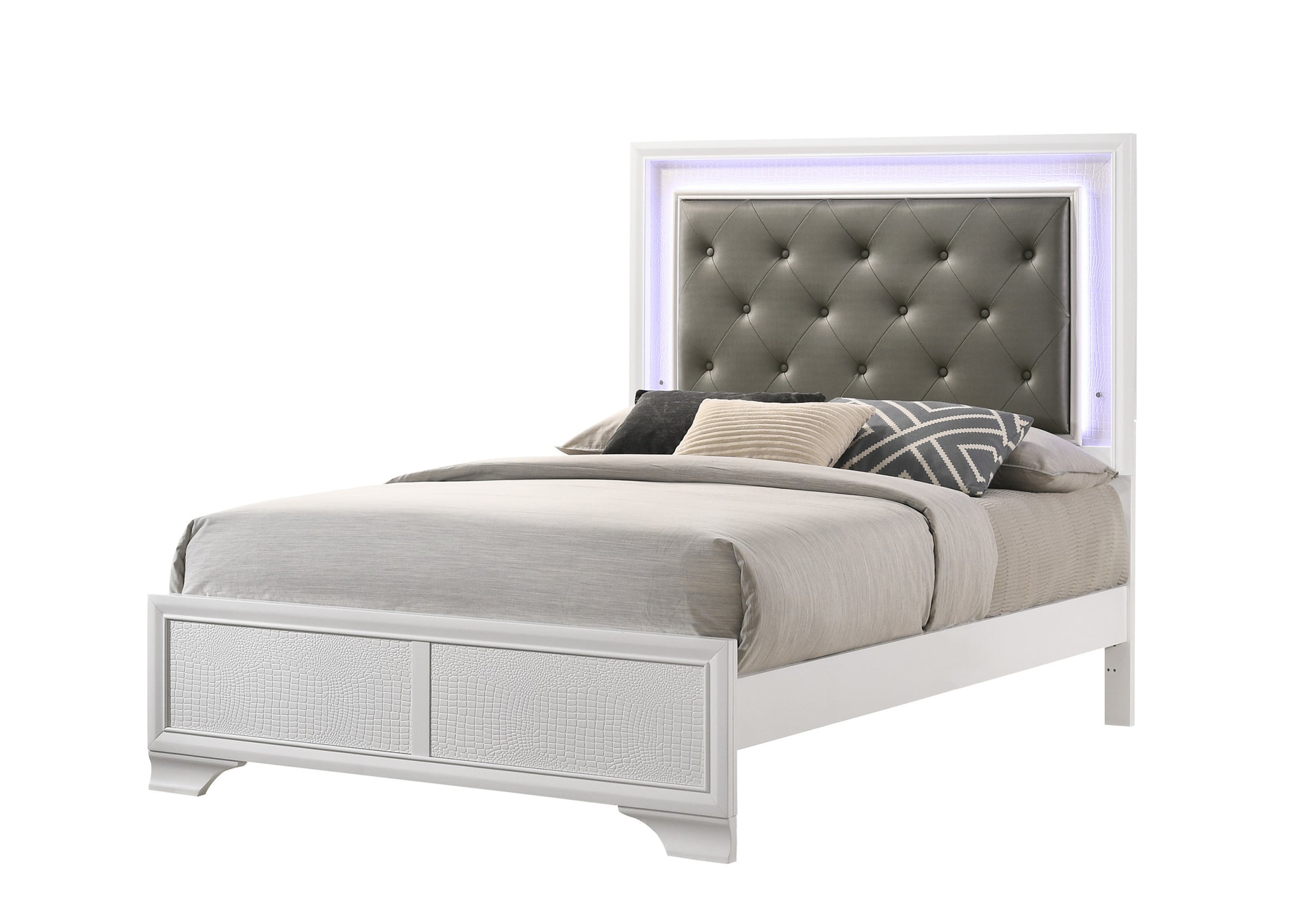 Modern White Crocodile Skin Finish Upholstered 1Pc Full Size Led Panel Bed Faux Diamond Tufted Bedroom Furniture White Solid Wood