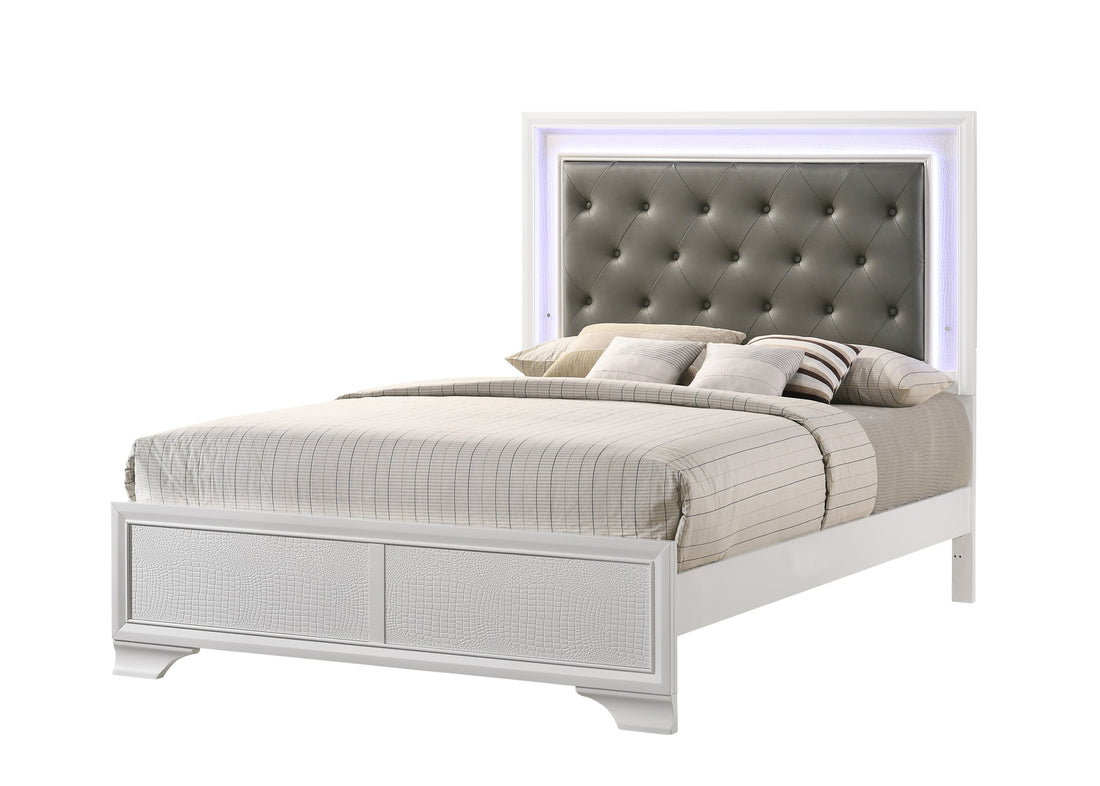 Modern White Crocodile Skin Finish Upholstered 1Pc Queen Size Led Panel Bed Faux Diamond Tufted Bedroom Furniture White Solid Wood