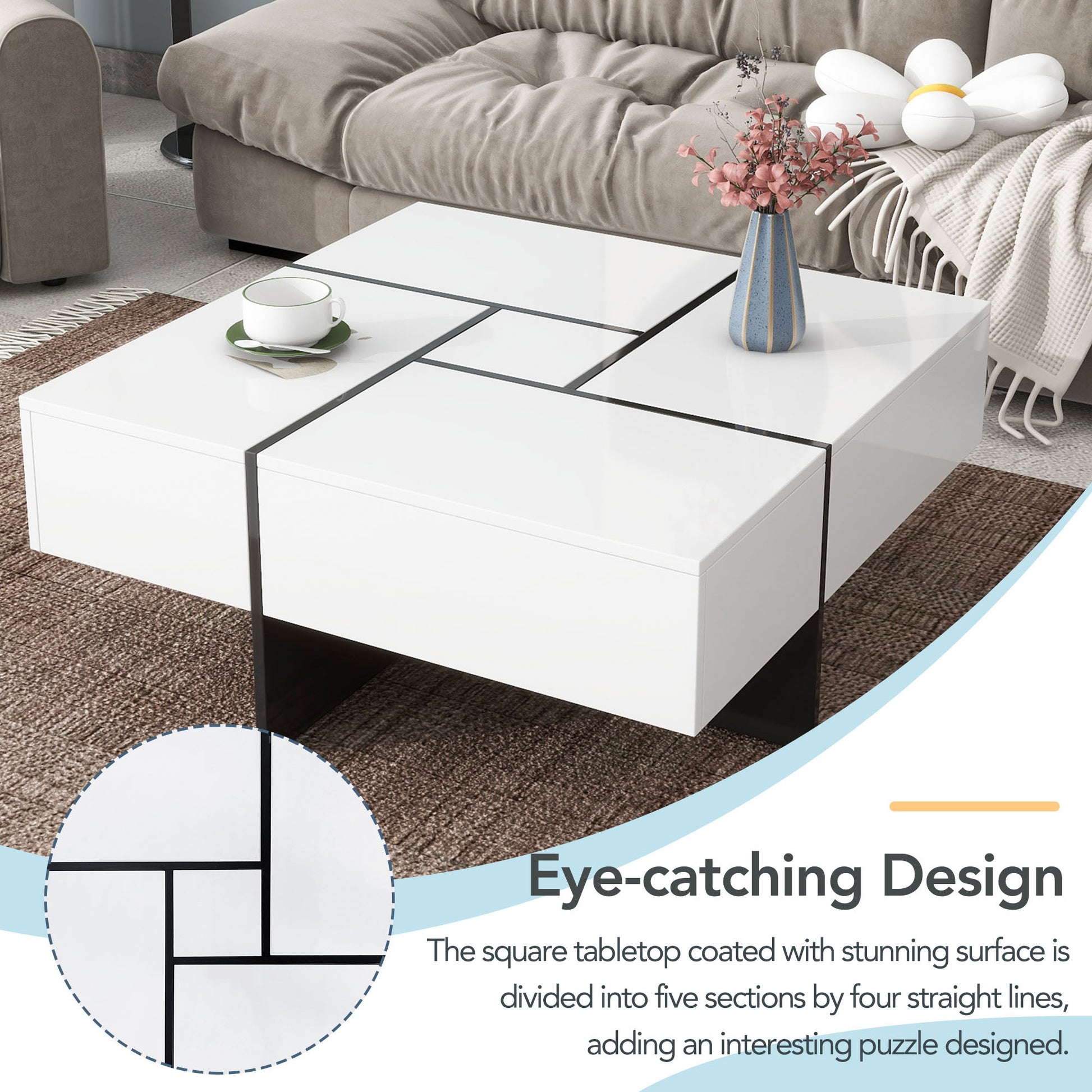 Unique Design Coffee Table With 4 Hidden Storage Compartments, Square Cocktail Table With Extendable Sliding Tabletop, Uv High Gloss Design Center Table For Living Room, 31.5"X 31.5" White Soft Close Drawers Primary Living Space Freestanding Square