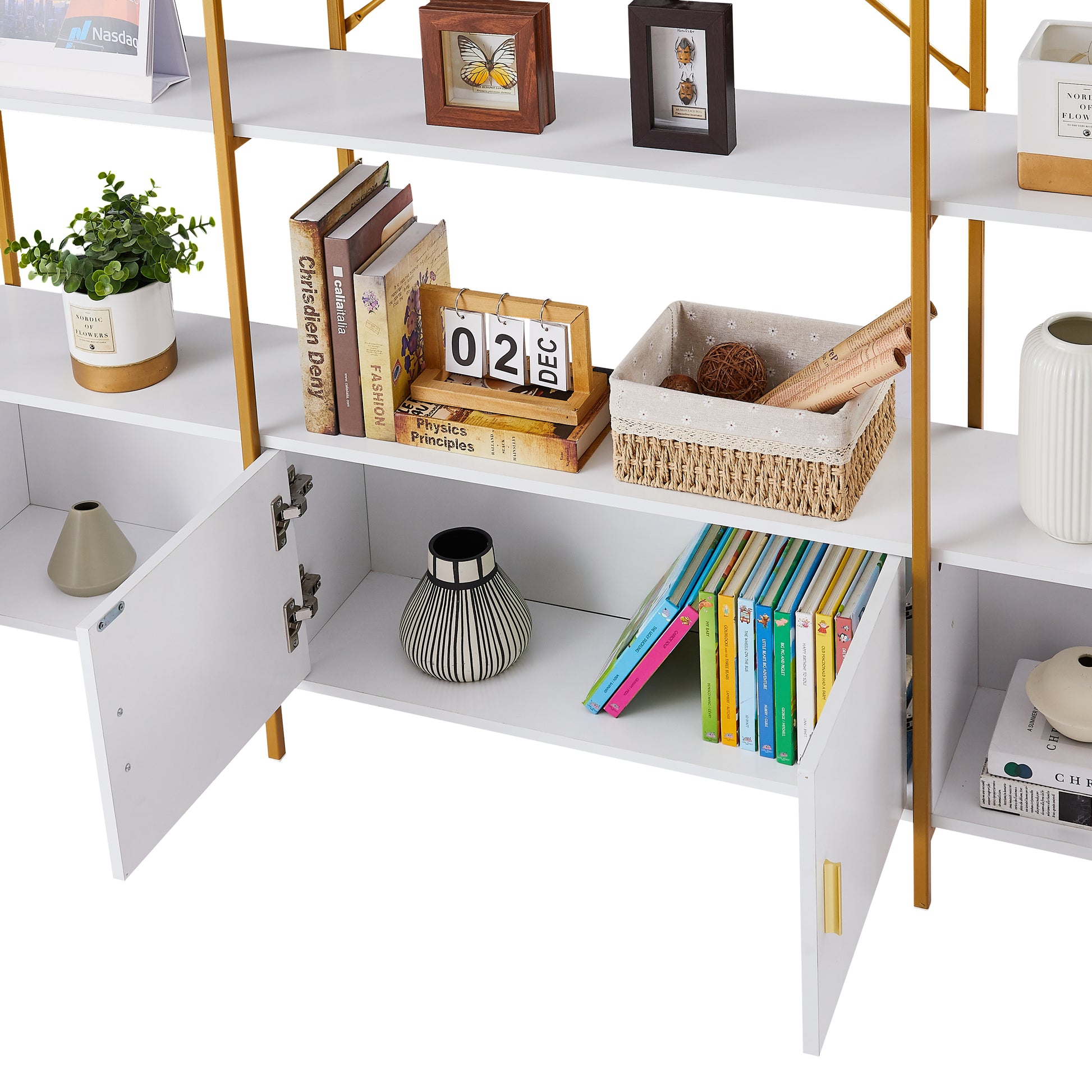 78 Inch 4 Tiers Home Office Bookcase Bookshelf, Storage Cabinet Display Shelf, X Bar Gold Frame Golden White Mdf Steel