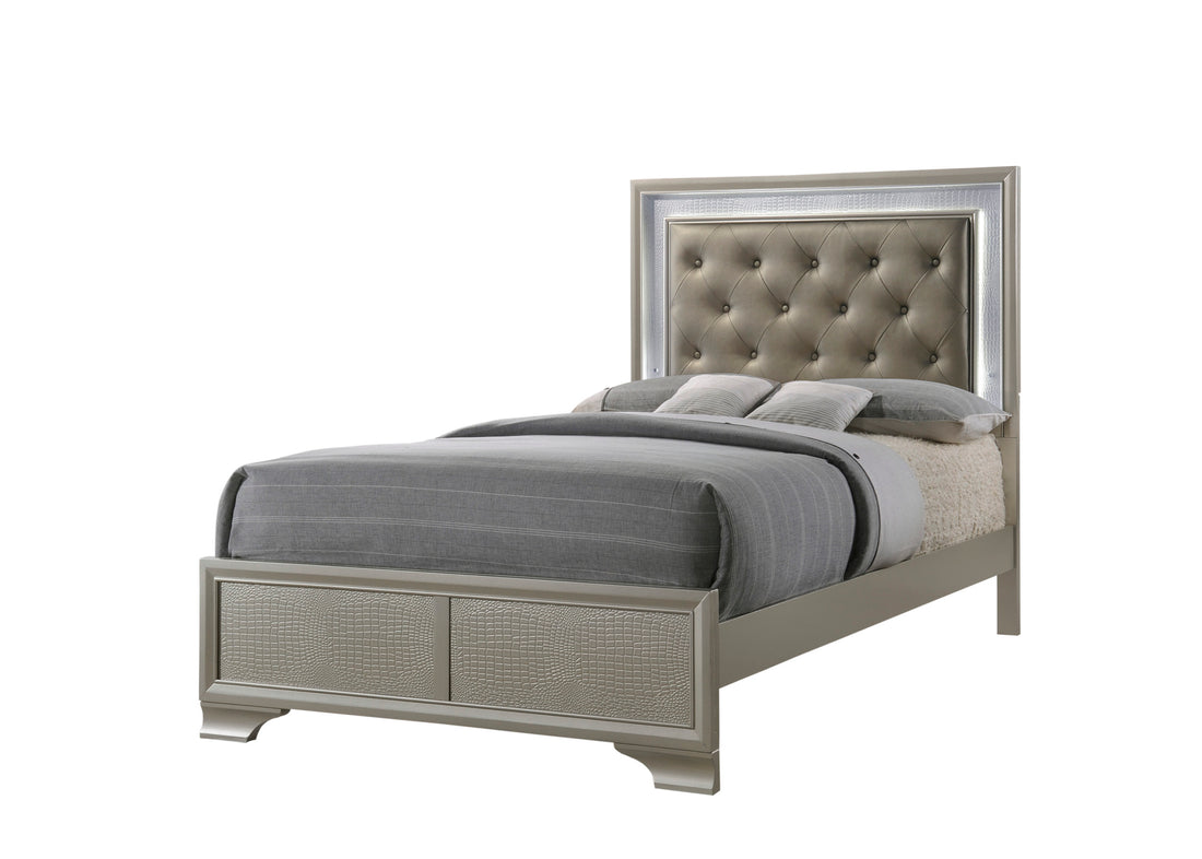 Modern Champagne Crocodile Skin Finish Upholstered 1Pc Twin Size Led Panel Bed Faux Diamond Tufted Bedroom Furniture Champagne Solid Wood